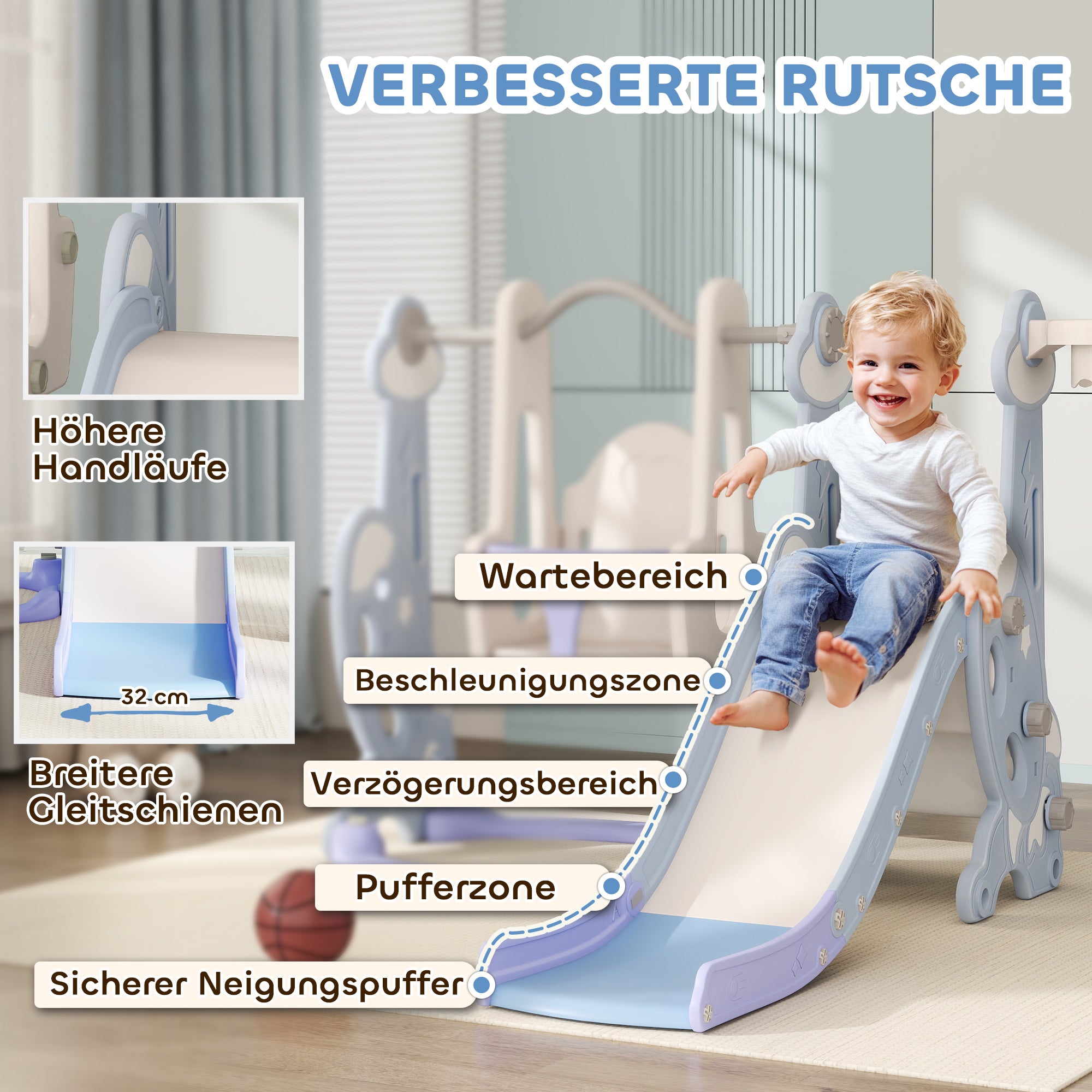 AIYAPLAY 4-in-1 Indoor-Spielplatz, Rutsch- und Schaukelset für Kleinkinder, Basketballkorb, Raketendesign, Kunststoff, Hellblau