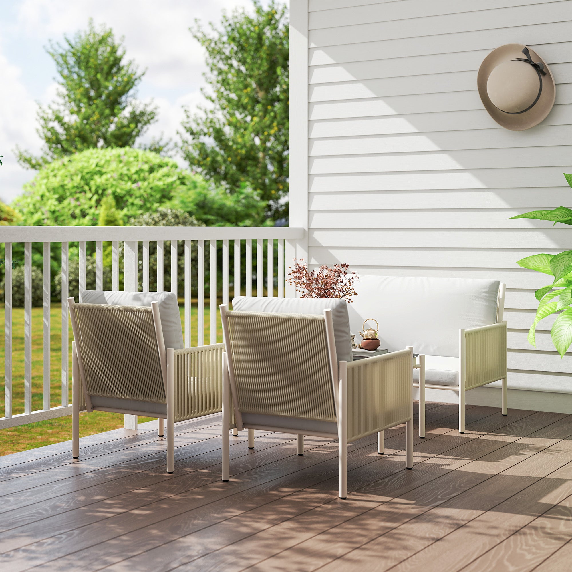Outsunny Gartenmöbel Set aus Polyrattan Lounge-Set mit 2er Sofa Sessel Glastisch Kissen 4 Personen Braun+Grau