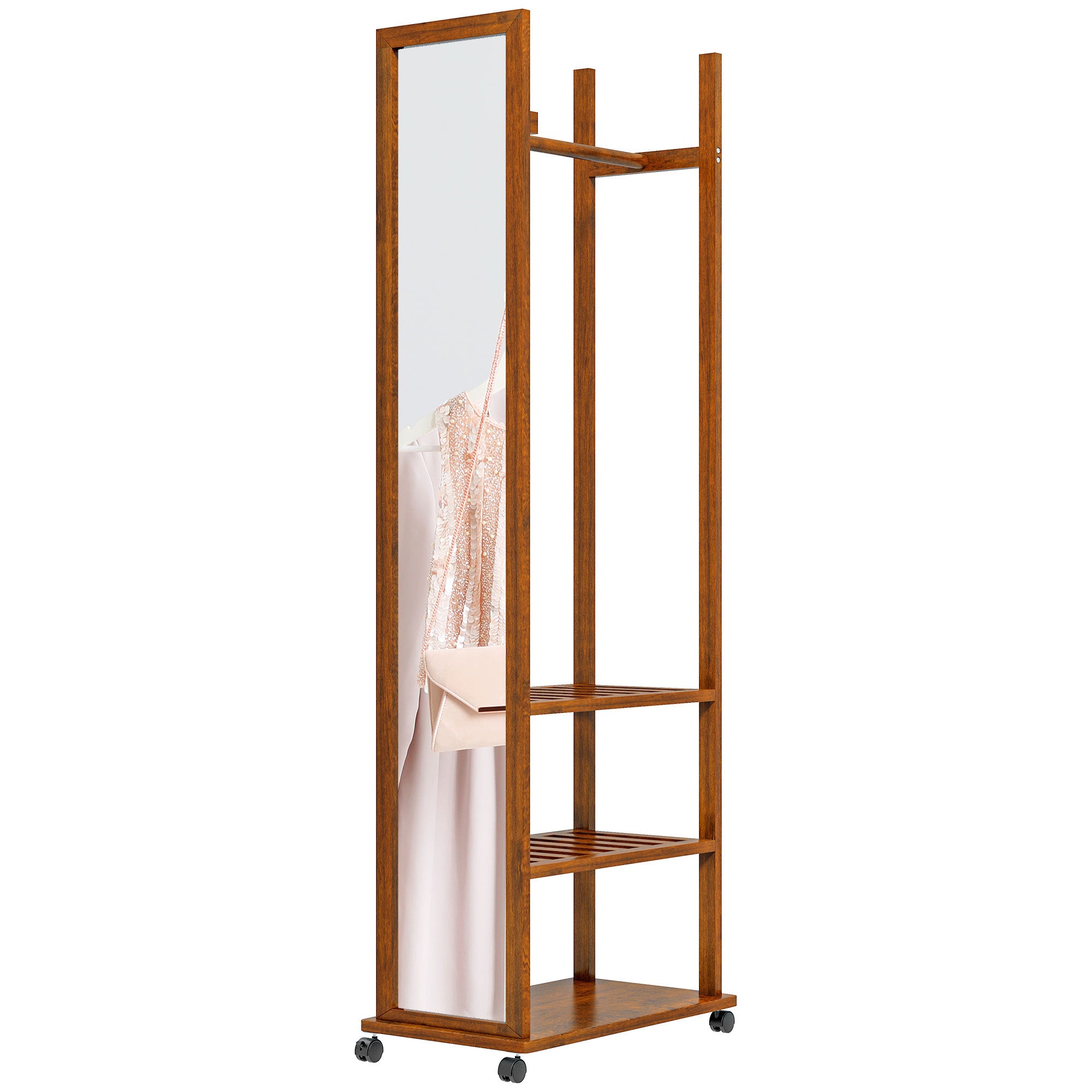 HOMCOM 2-in-1-Spiegel Spiegel Ganzkörperspiegel Garderobe, 1 Kleiderstange, 3 Regale, 35,8 x 59,8 x 170 cm, Natur