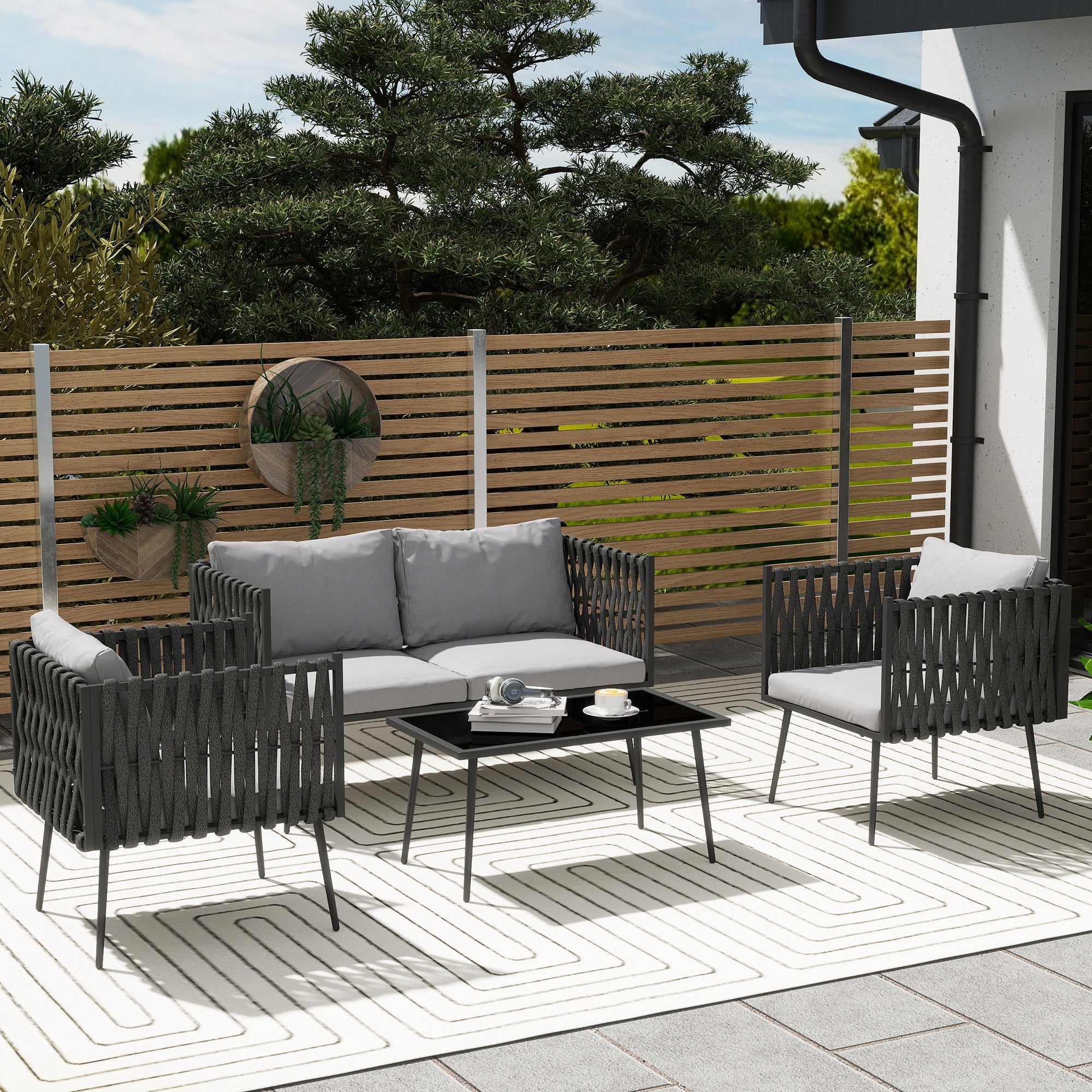 Outsunny Gartenmöbel Set 4 Personen wetterfest Balkonmöbel-Set mit 2er Sofa, Sessel Glastisch Sitzkissen Hellgrau