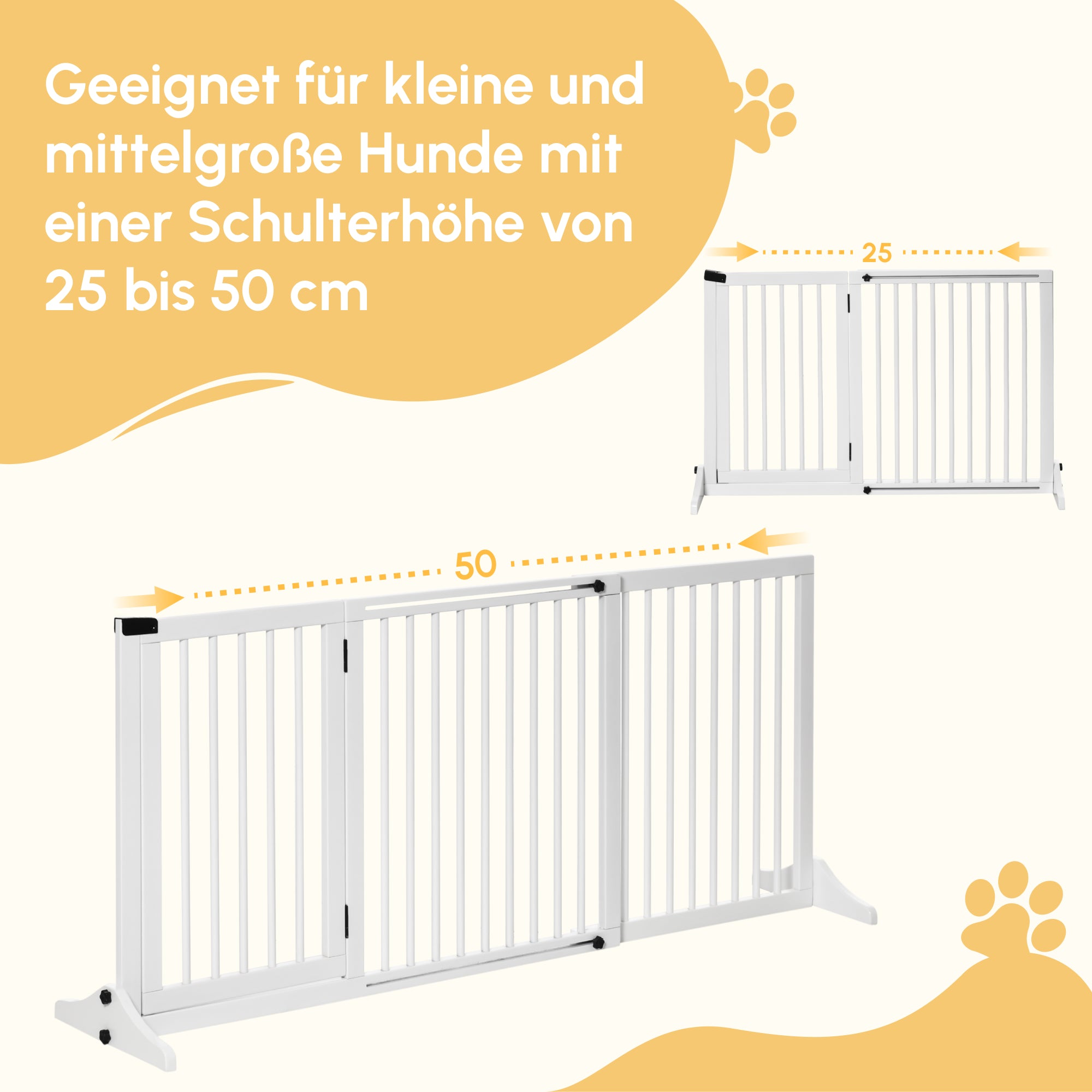 PawHut Absperrgitter Hunde Türschutzgitter Schutzgitter aus Holz Freistehendes Hundegitter mit Tür Hundeabsperrgitter Konfigurationsgitter für Kamin & Ofen Weiß 113-166 x 36 x 71 cm