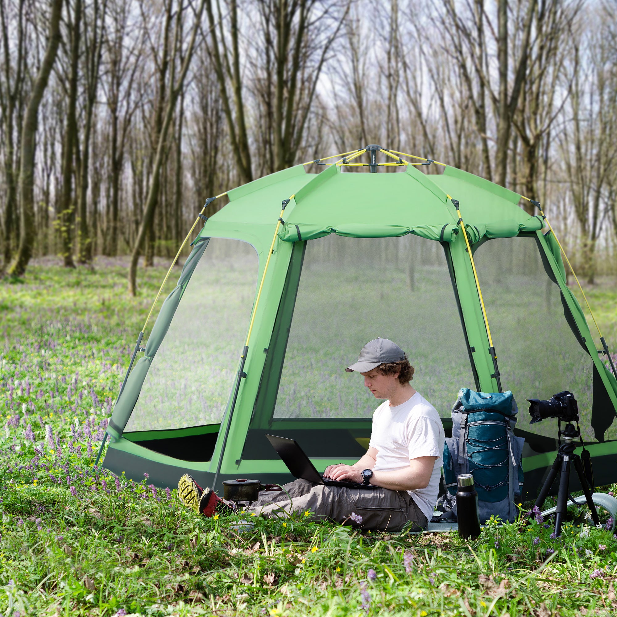 Outsunny Camping Zelt 6 Personen Zelt Familienzelt Kuppelzelt Kunstleder2000mm einfache Einrichtung für Familien Trekking Festival Stahl Glasfaser Grün 320 x 320 x 180 cm