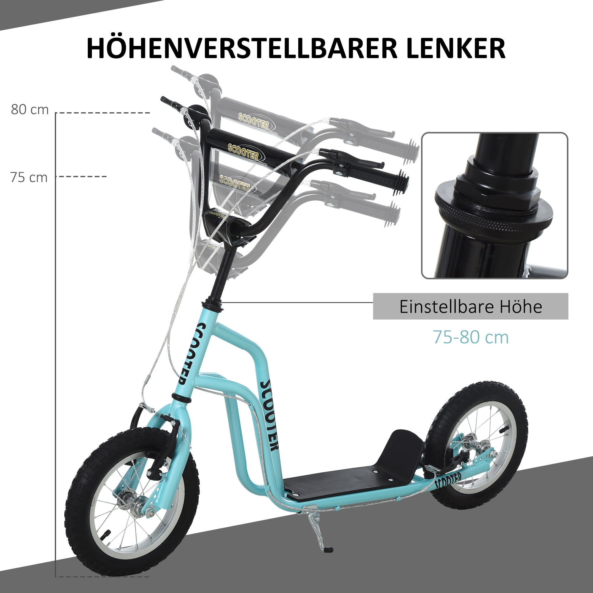 HOMCOM Kinderroller Lenker Verstellbar Scooter Tretroller Cityroller Kinder Roller Kickboard mit Luftreifen 12 Zoll ab 5 Jahre Blau 120 x 58 x 75-80 cm
