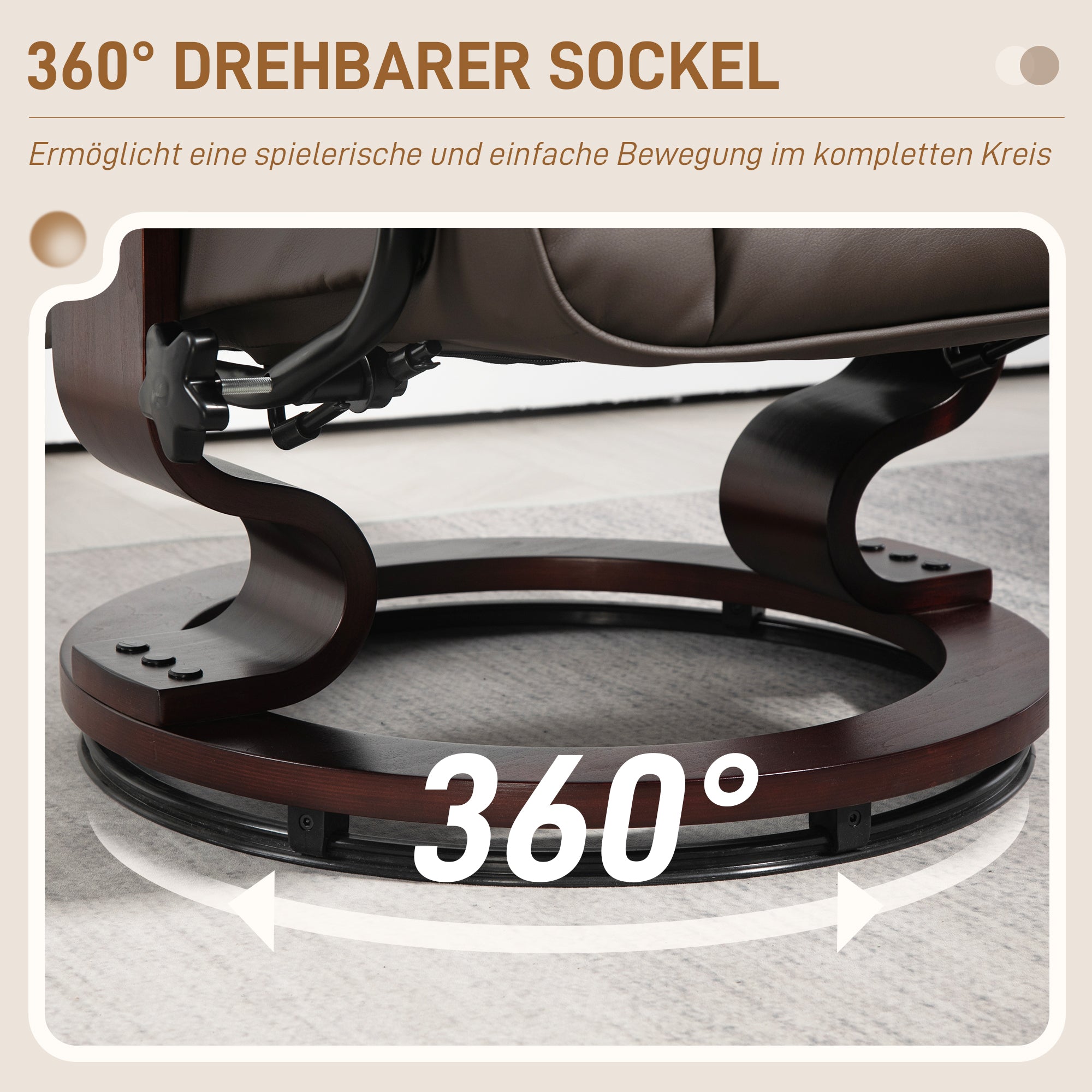 HOMCOM Relaxsessel mit Hocker, drehbar & neigbar, Kunstlederbezug, bis 150 kg, Holzgestell, Braun
