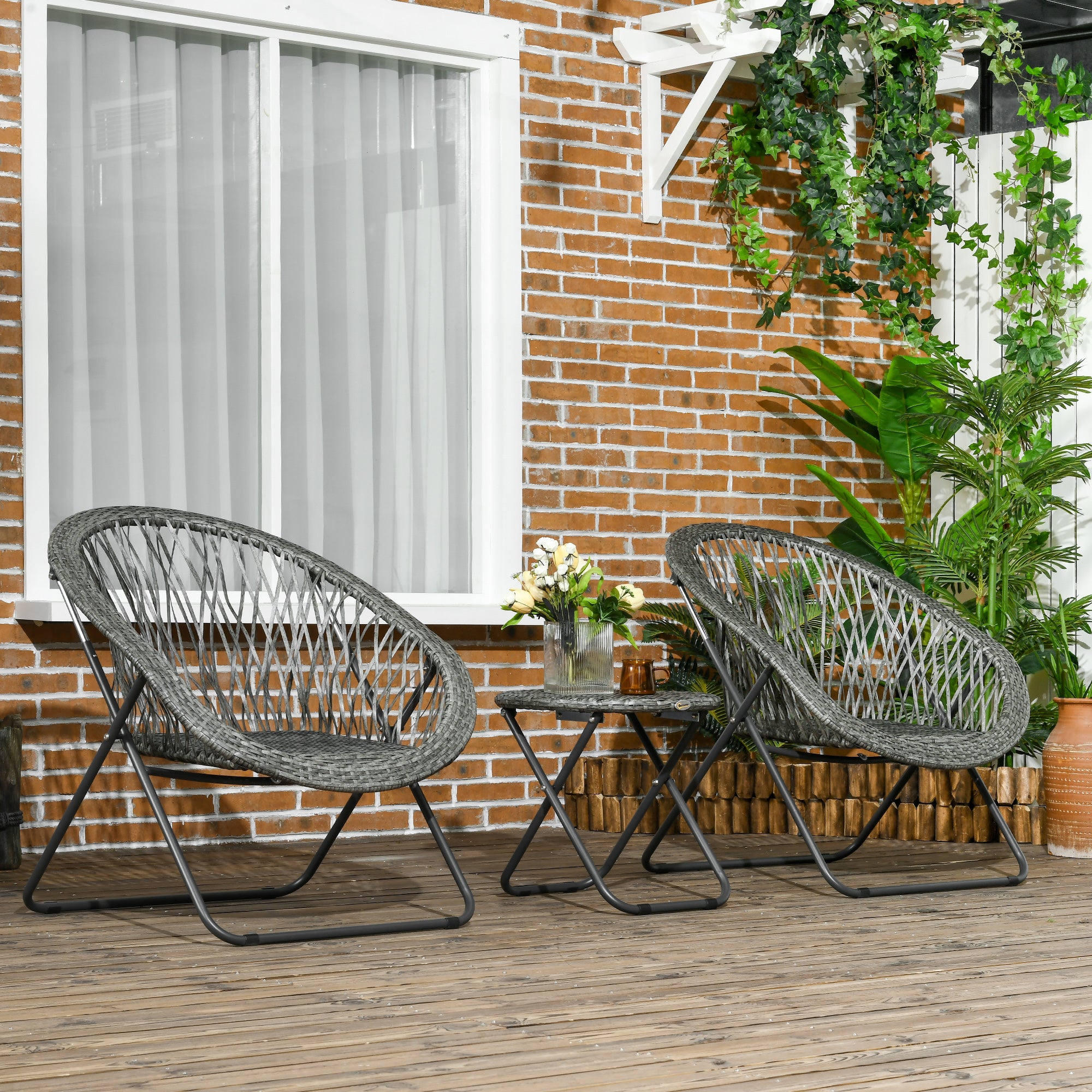 HOMCOM 3-teiliges klappbares Balkonset mit Couchtisch & 2 Stühlen, inkl. Kissen, Stahl grau