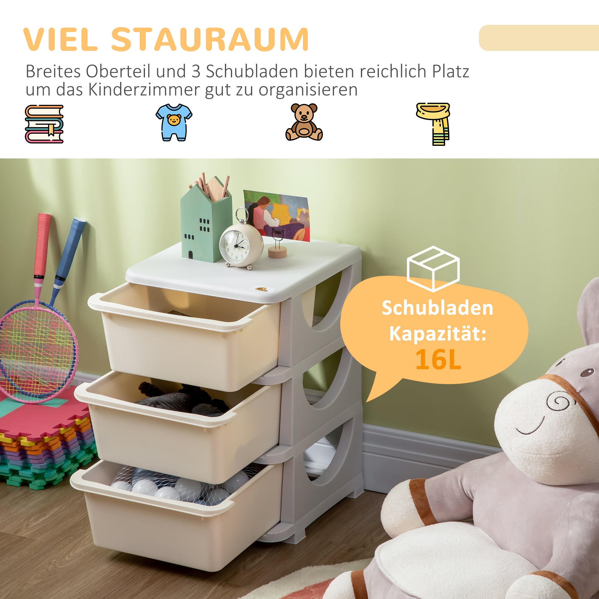 HOMCOM Aufbewahrungsboxen für Kinder, 3 große Schubladen, runde Kanten, Kunststoff, 37x37x56,5 cm, Cremeweiß