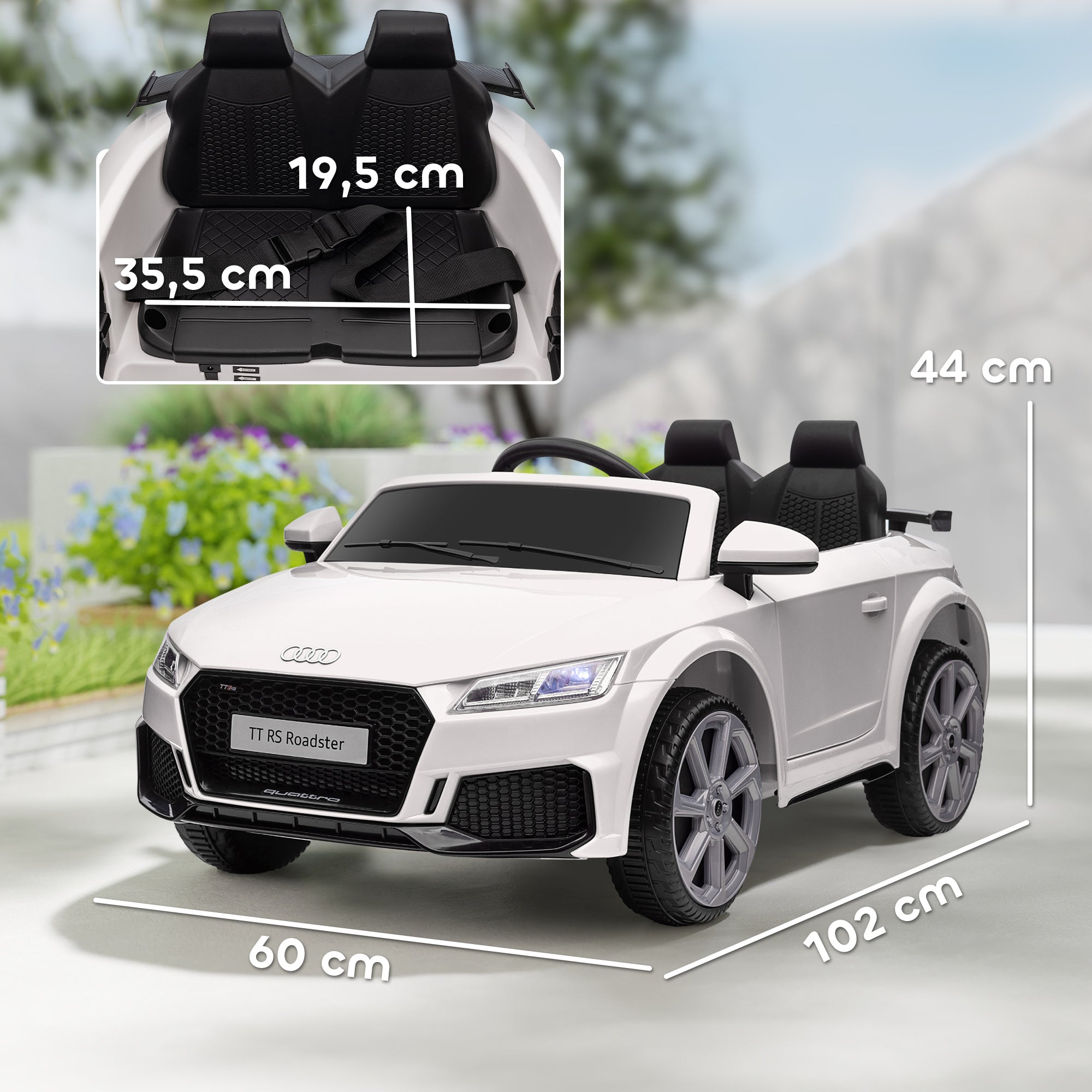 HOMCOM Kinder-Elektroauto, Audi TT RS Roadster, 3 km/h, Fernbedienung, LED, USB, Weiß