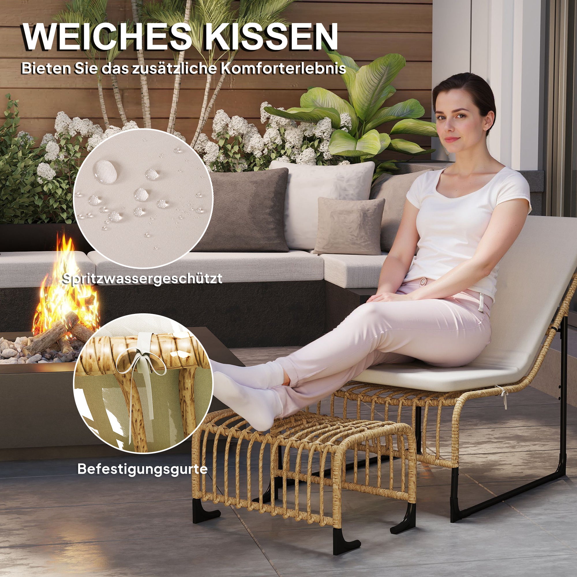 Outsunny Rattan Relaxsessel mit Fußhocker UV-beständig Gartensessel mit Kissen Bänder 65 x 93 x 80 cm Naturholz