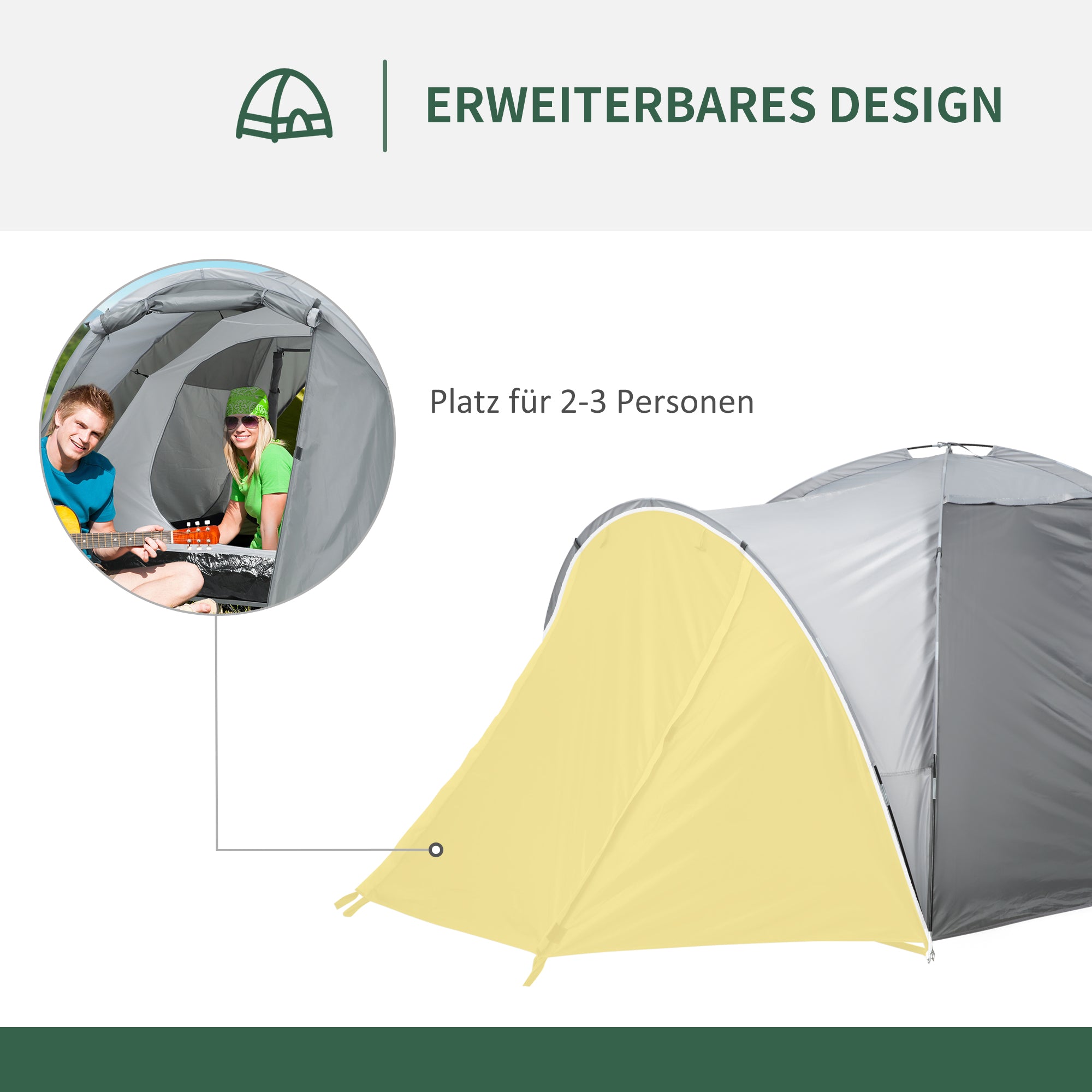 Outsunny Campingzelt für 2-3 Personen Glasfaser Tür mit Reißverschluss Meshfenster inkl. Transporttasche Kuppelzelt 190T Kunstleder2000mm Glasfaser Grau