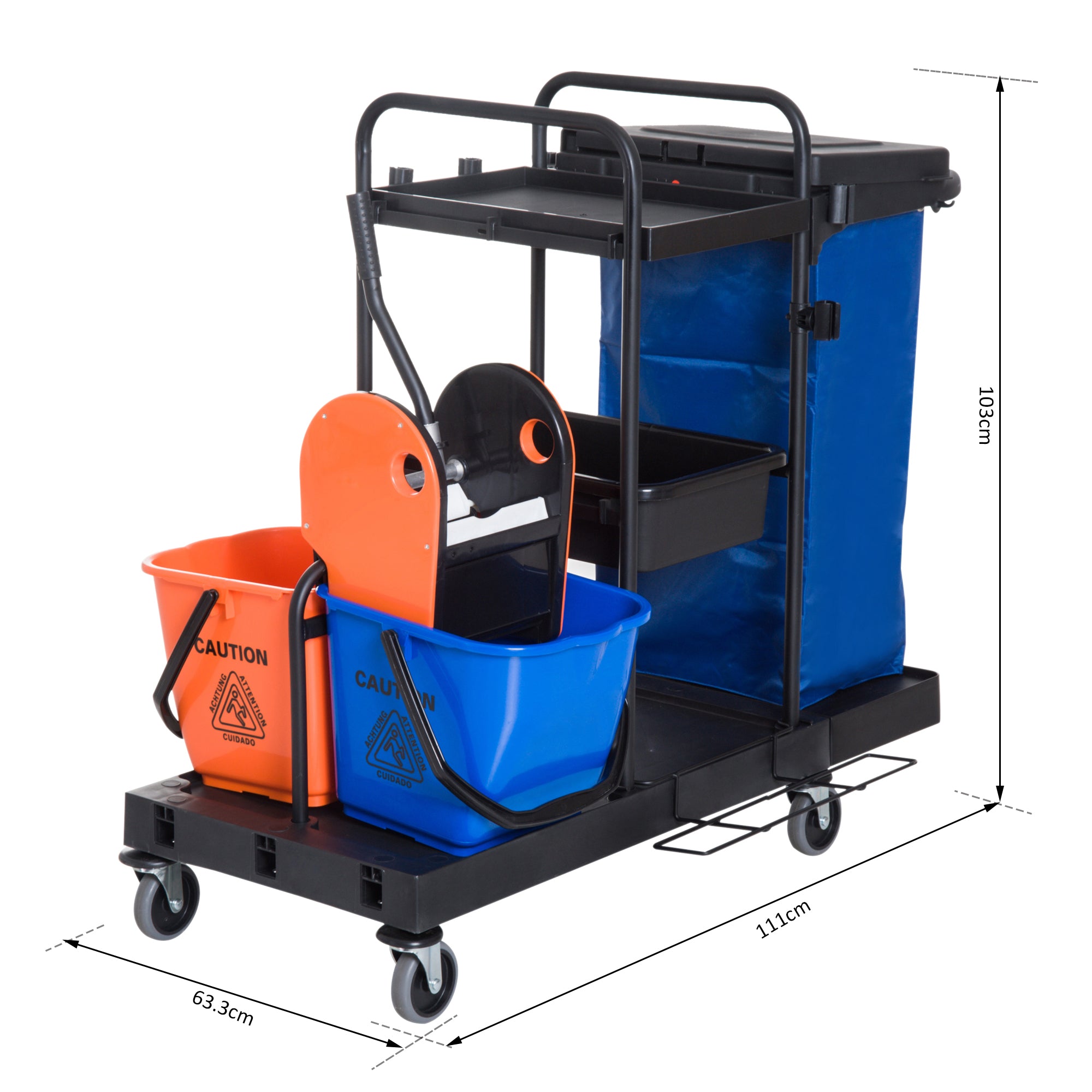 HOMCOM Putzwagen Reinigungswagen Wischwagen Systemwagen mit 4 leichtgängigen Rollen Schwarz+Blau+Orange 111 × 63,3 × 103 cm