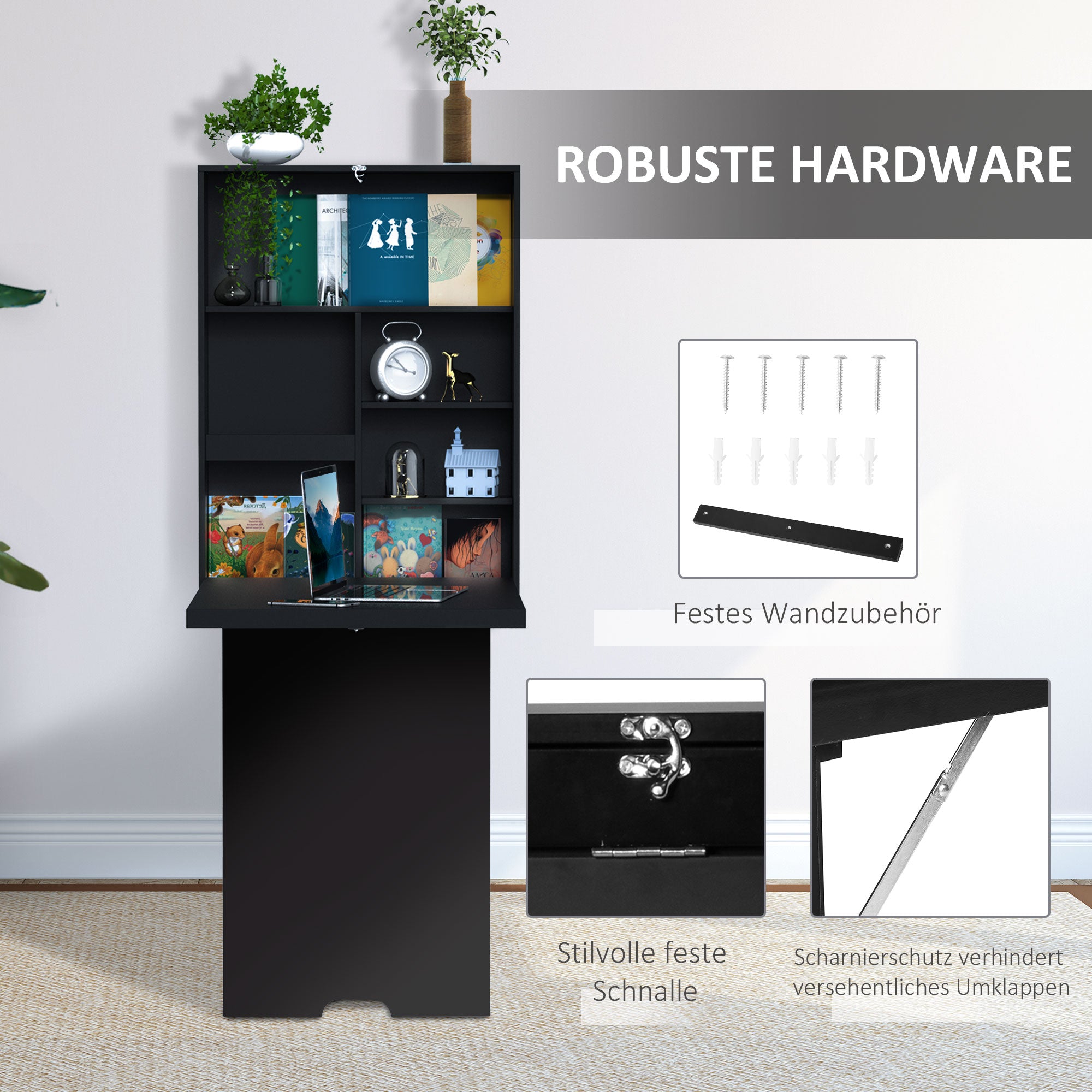 HOMCOM Wandklapptisch Wandschreibtisch, inkl. Schreibtafel, 60 cm x 94,5 cm x 147 cm, Schwarz
