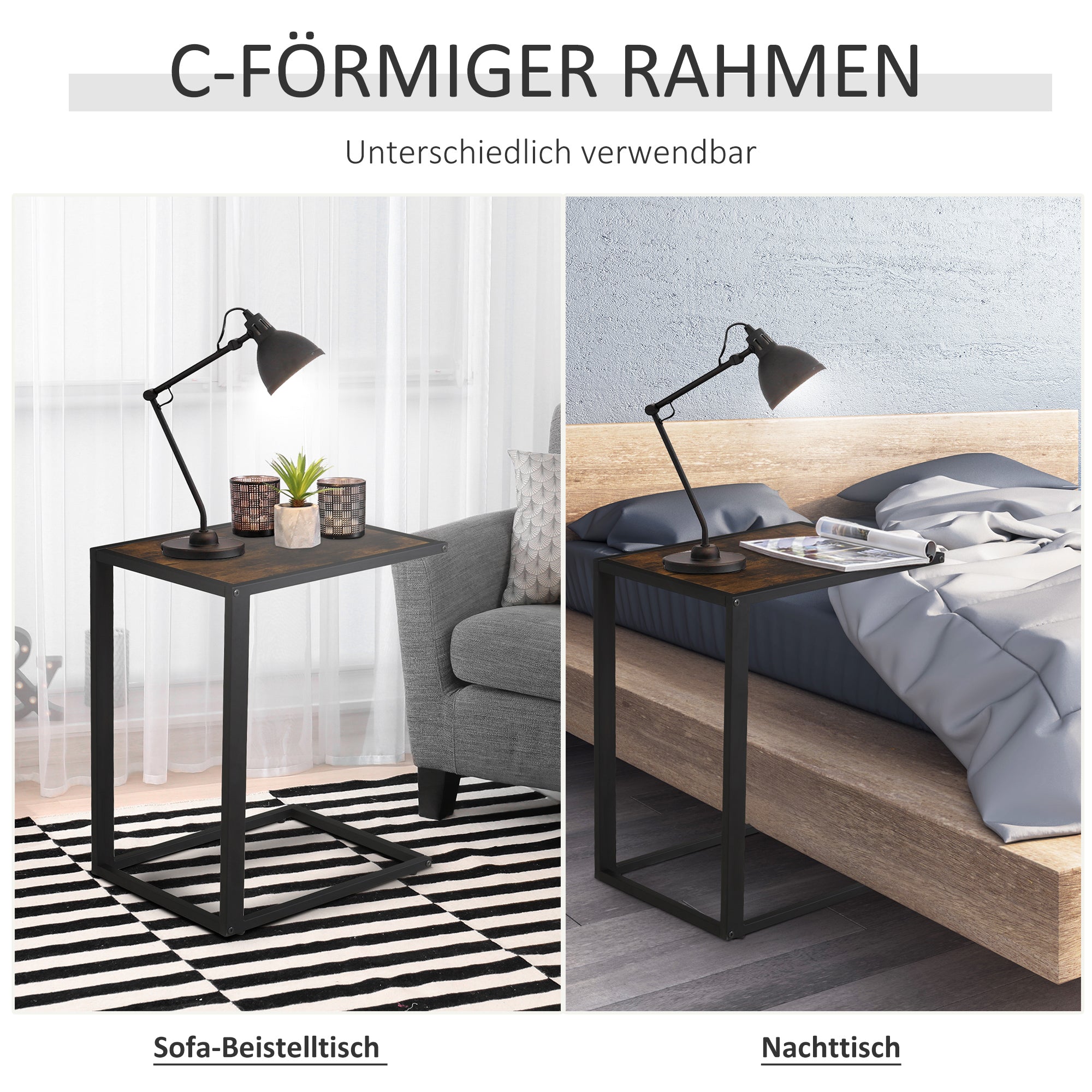 HOMCOM Beistelltisch in C-Form Kaffeetisch Couchtisch Laptoptisch für Schlafzimmer und Wohnzimmer kleiner Bereich mit Metallgestell Industrie-Stil Metall MDF Rustikal-Braun 40,6 x 50,8 X 64,2 cm