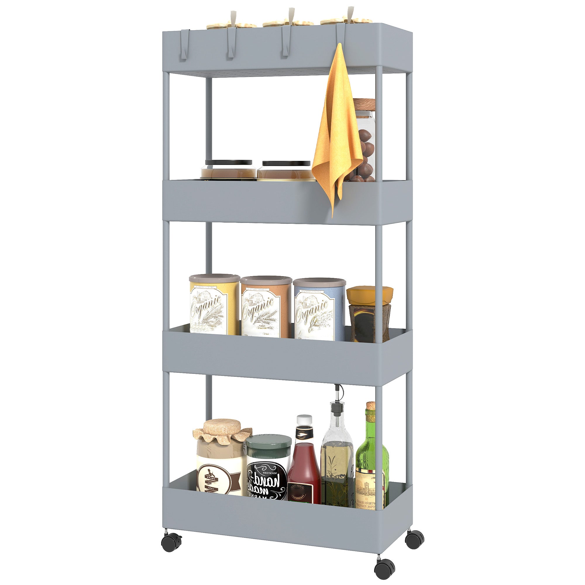 HOMCOM Küchenwagen mit 4 Regalen, 4 flexiblen Haken, 4 Rollen, 40 cm x 19 cm x 90 cm, Nischenwagen, Grau