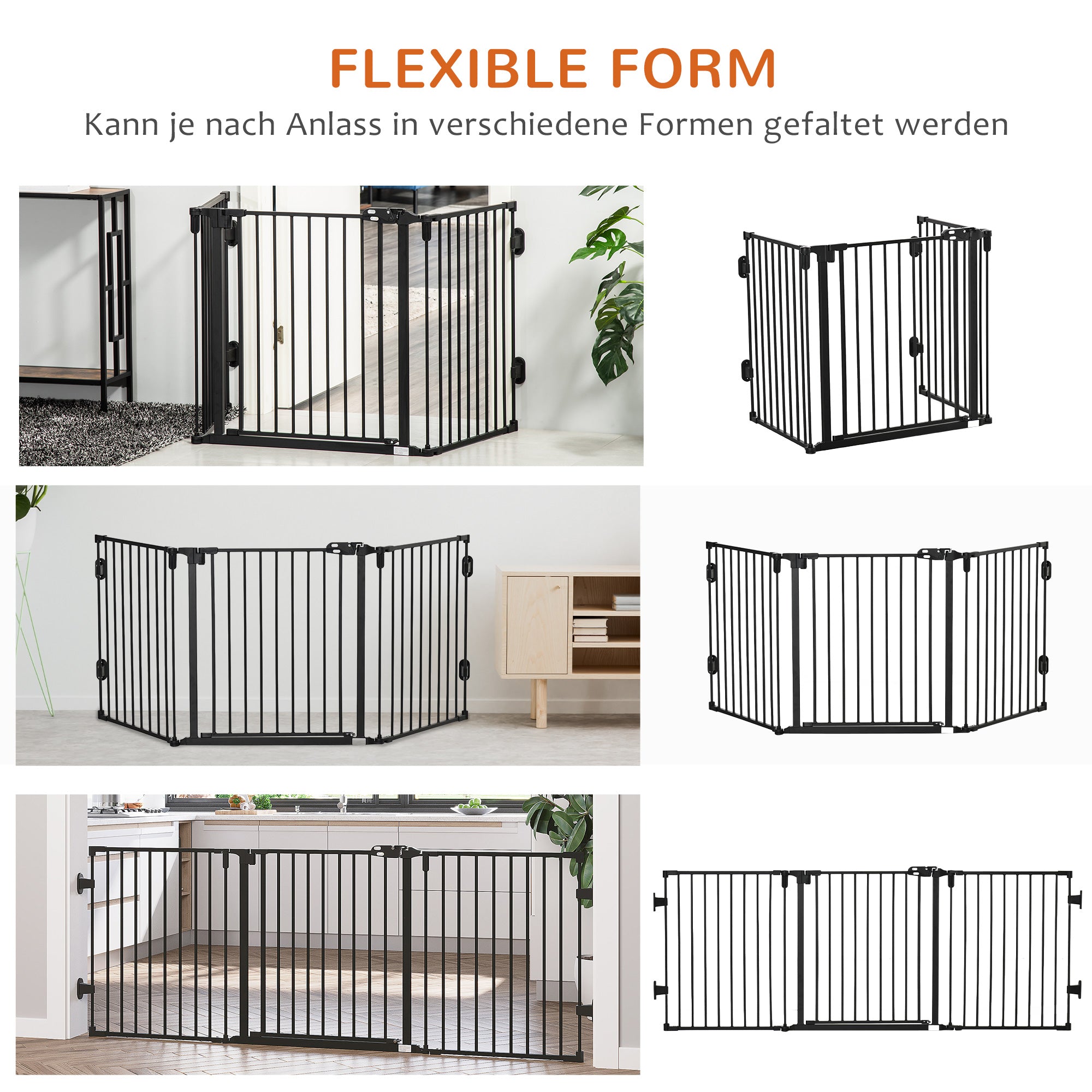 PawHut Hunde Absperrgitter Türschutzgitter Haustierschutzgitter verstellbar klappbar Kamingitter mit automatische schließenden Tür 3 Paneele für Ofen Wandmontage/Freistehend Schwarz 202,5 x 76 cm