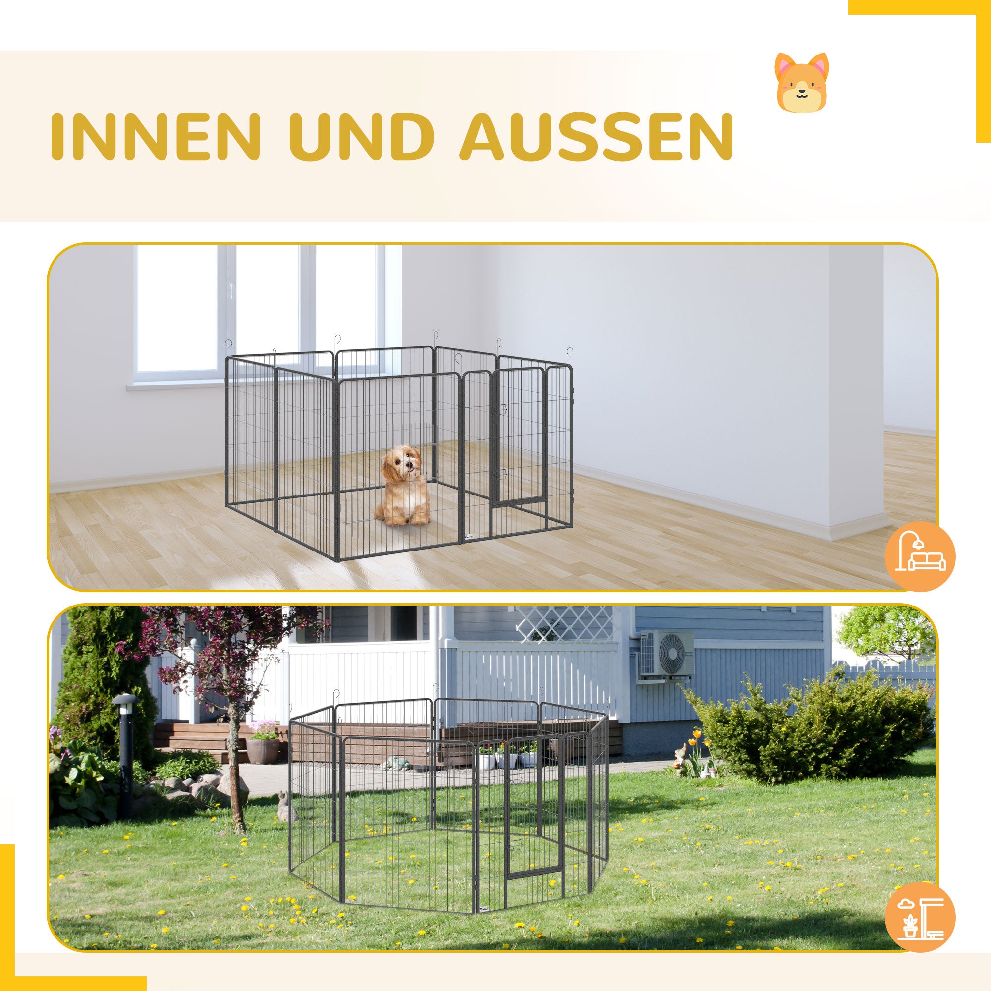 PawHut Welpenauslauf, modulares Design, 16 Elemente, 2 Türen, wetterfest, Stahl, 3,2 x 3,2 x 1 m, grau