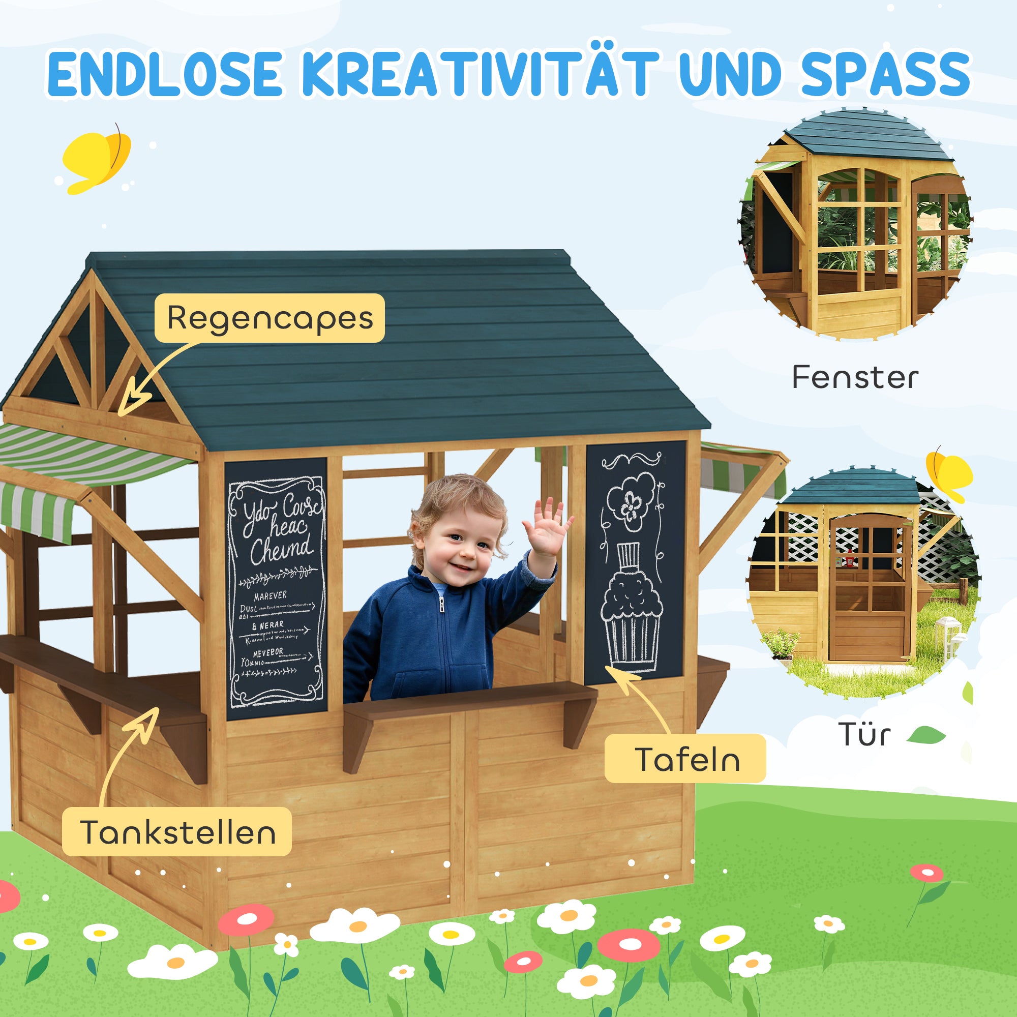 AIYAPLAY Kinderspielhaus aus Tannenholz, Faltbares Häuschen mit Fenstern, Tür, für Kinder im Alter von 3-8 Jahren, Braun+Blau