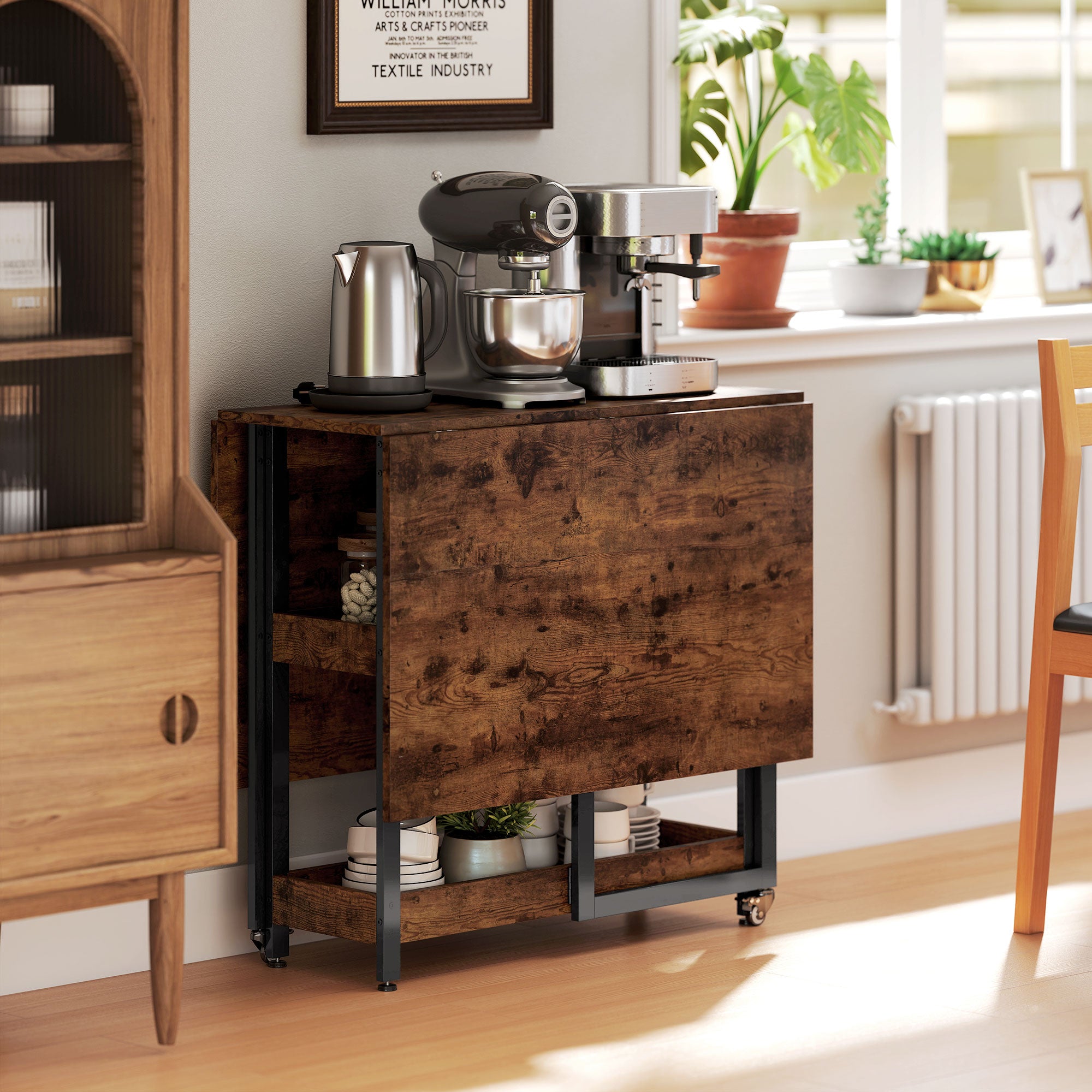 HOMCOM Klappbarer Esstisch im Industriedesign, für bis zu 4 Personen, offene Regale, flexibel, Metall, Spanplatte, Braun