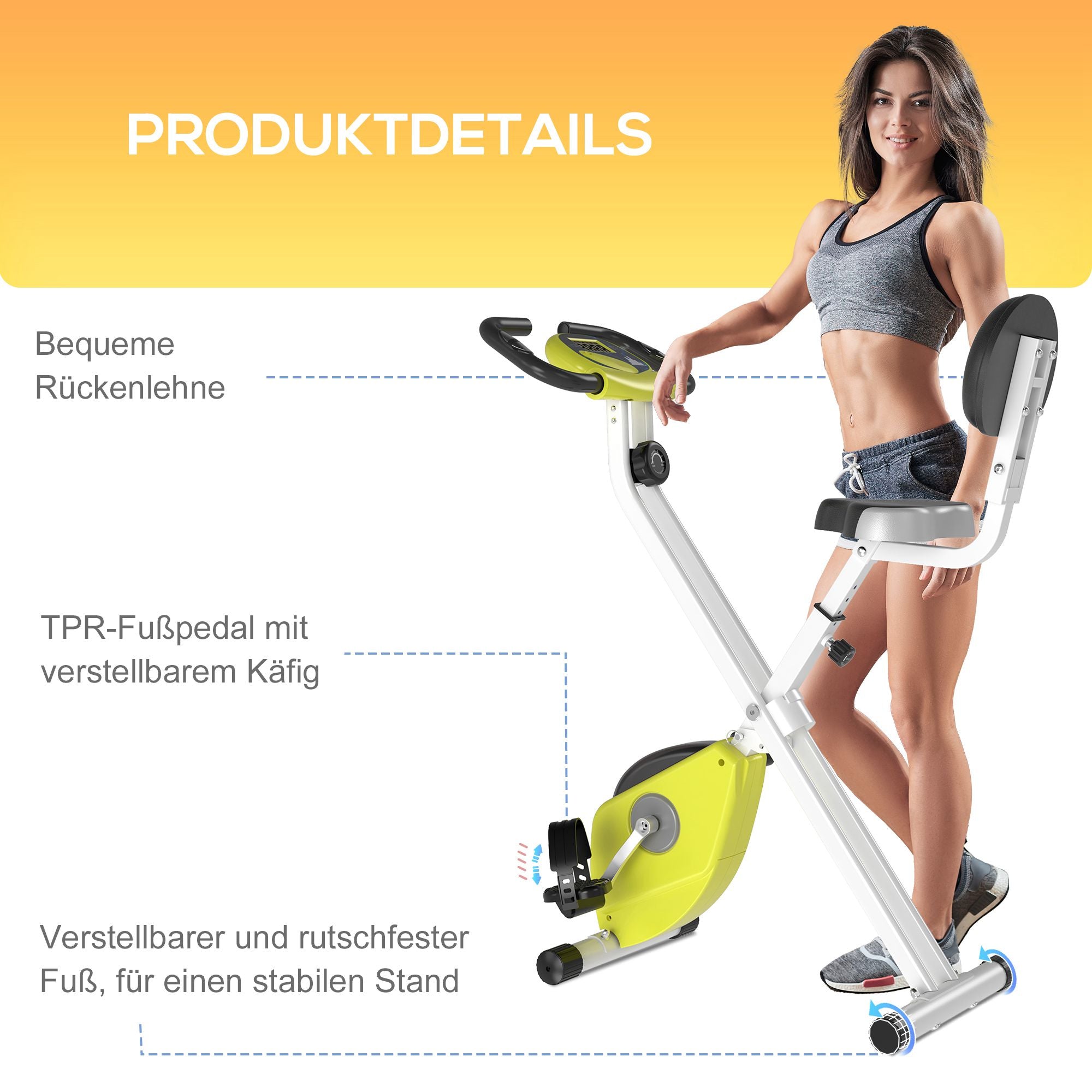 HOMCOM Heimtrainer Fahrradtrainer klappbar Magnetisch Hometrainer Fahrrad mit LCD Monitor, 8 stufig einstellbarem Magnetwiderstand, Platzsparend Fitnessbikes für Zuhause Gelb+Weiß