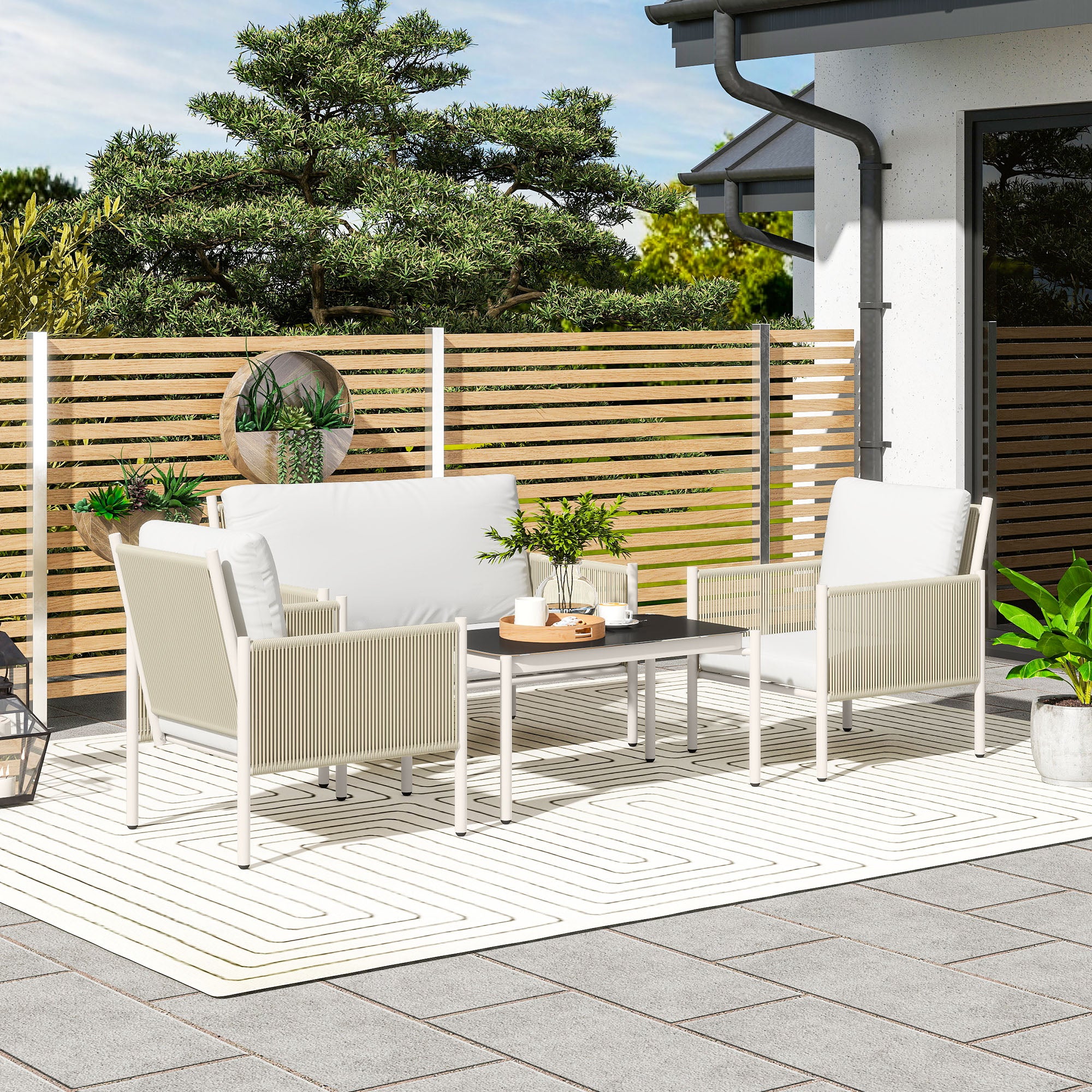 Outsunny Gartenmöbel Set aus Polyrattan Lounge-Set mit 2er Sofa Sessel Glastisch Kissen 4 Personen Braun+Grau