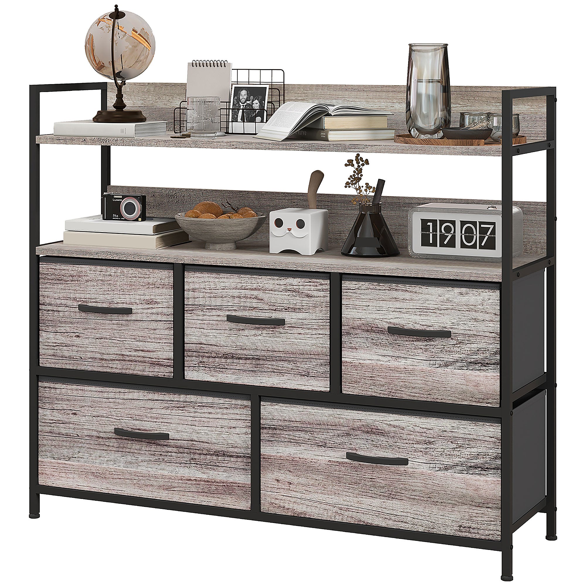 HOMCOM Stoff-Kommode, 5 faltbare Schubladen, 2 Regale, Stahlrahmen, 98 x 29 x 85 cm, Grau