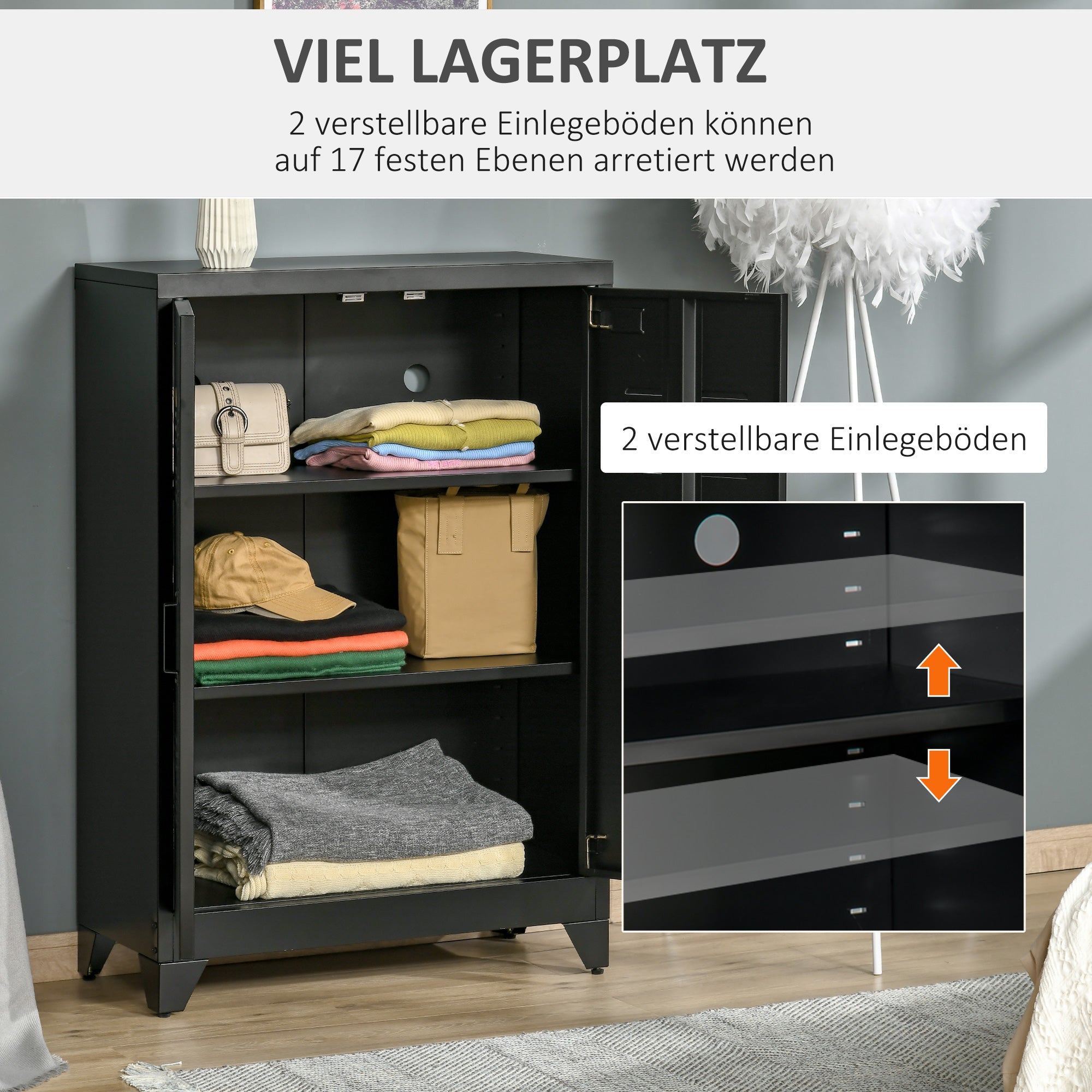 HOMCOM Aktenschrank Metallschrank Mehrzweckschrank mit magnetischer Lamellen-Doppeltür Verstellbarer Einlegeboden Büroschrank Aufbewahrungsschrank für Arbeitszimmer Wohnzimmer 75 x 33 x 110 cm Schwarz