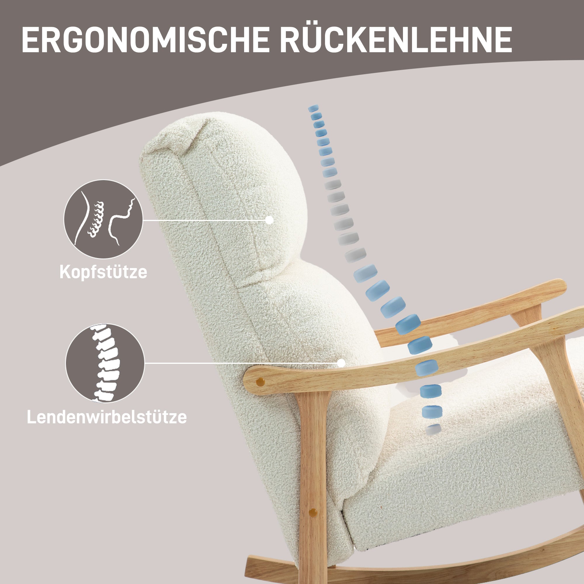 HOMCOM Schaukelstuhl, Stoffbezug in Samtoptik, Ergonomische Rückenlehne, 120 kg Belastbarkeit, 65B x 90T x 98H cm, Cremeweiß