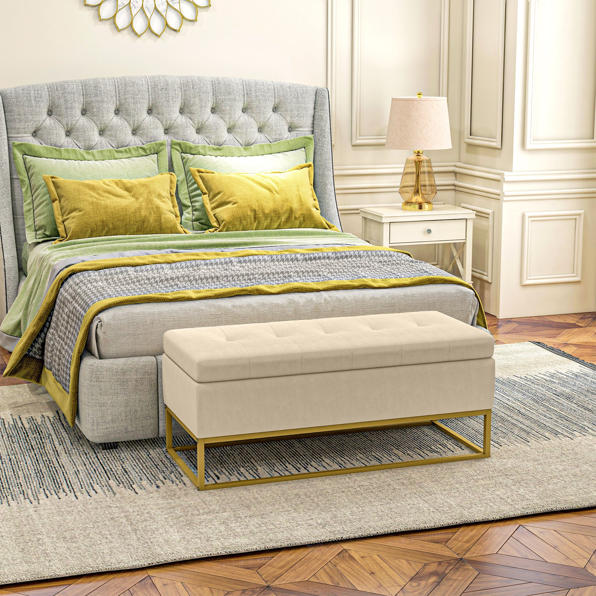 HOMCOM Sitzbank mit Stauraum, dekorative Knopfheftung, Flanelloptik, goldfarbene Stahlbeine, 110 x 47 x 46,5 cm