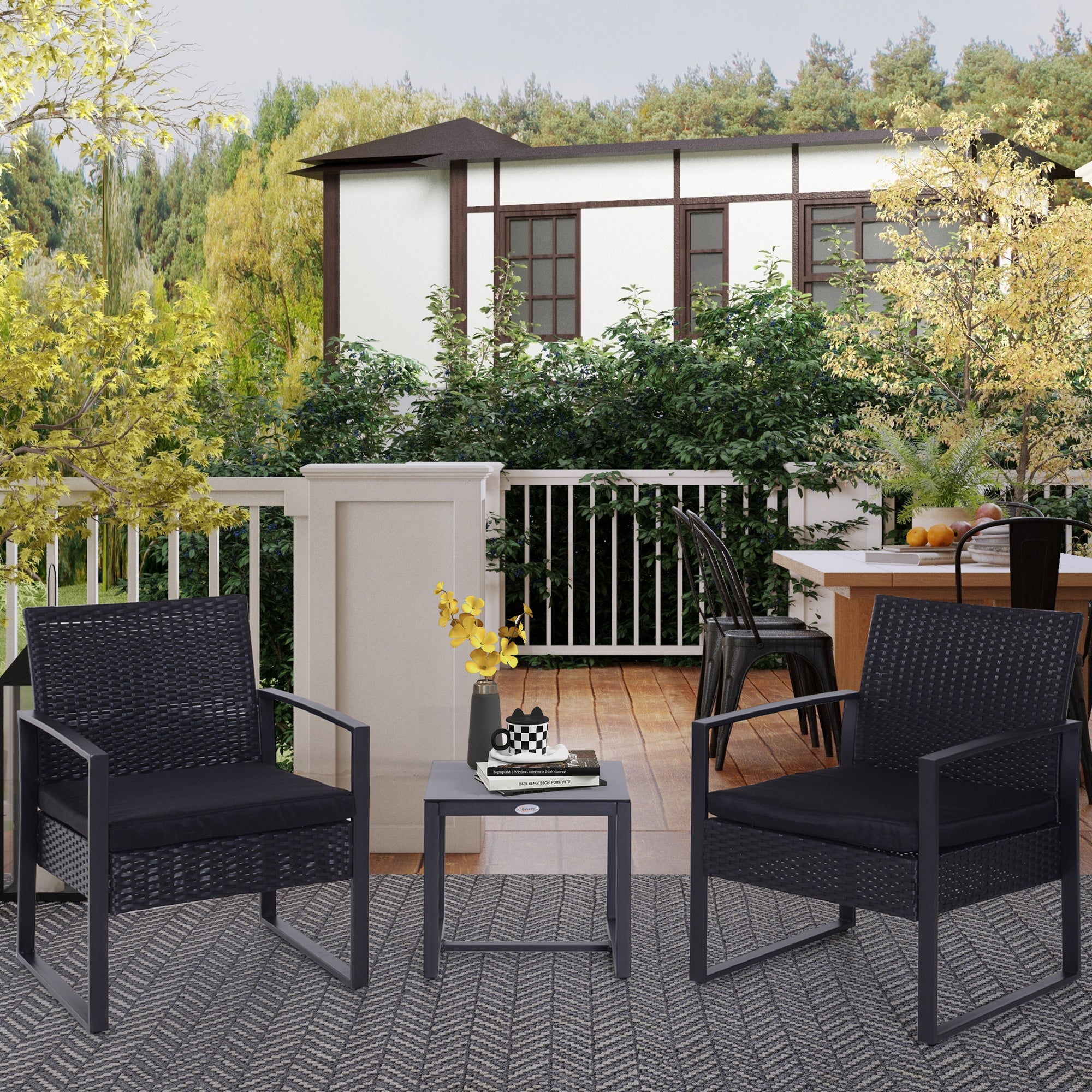 Outsunny Polyrattan Gartenset für 2 Personen Balkonmöbel Set mit Kissen Schwarz