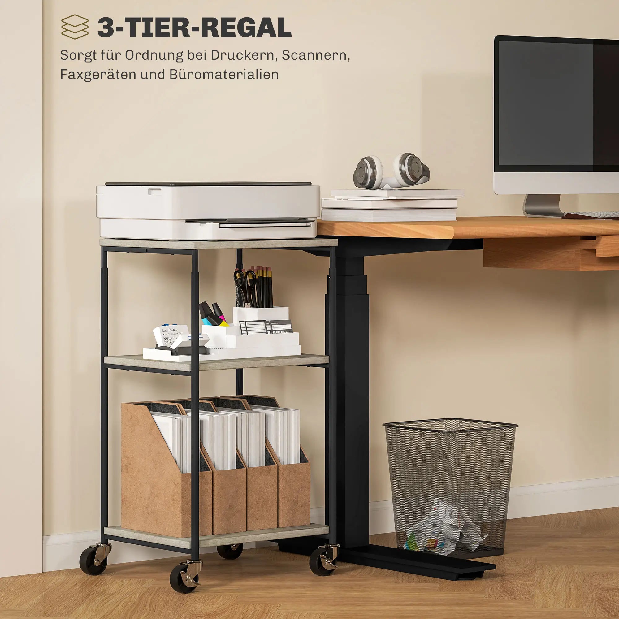 HOMCOM Druckerständer mit 3 Ebenen, höhenverstellbar, Mobiler Druckertisch auf Rollen, für Homeoffice, Metall und Holz