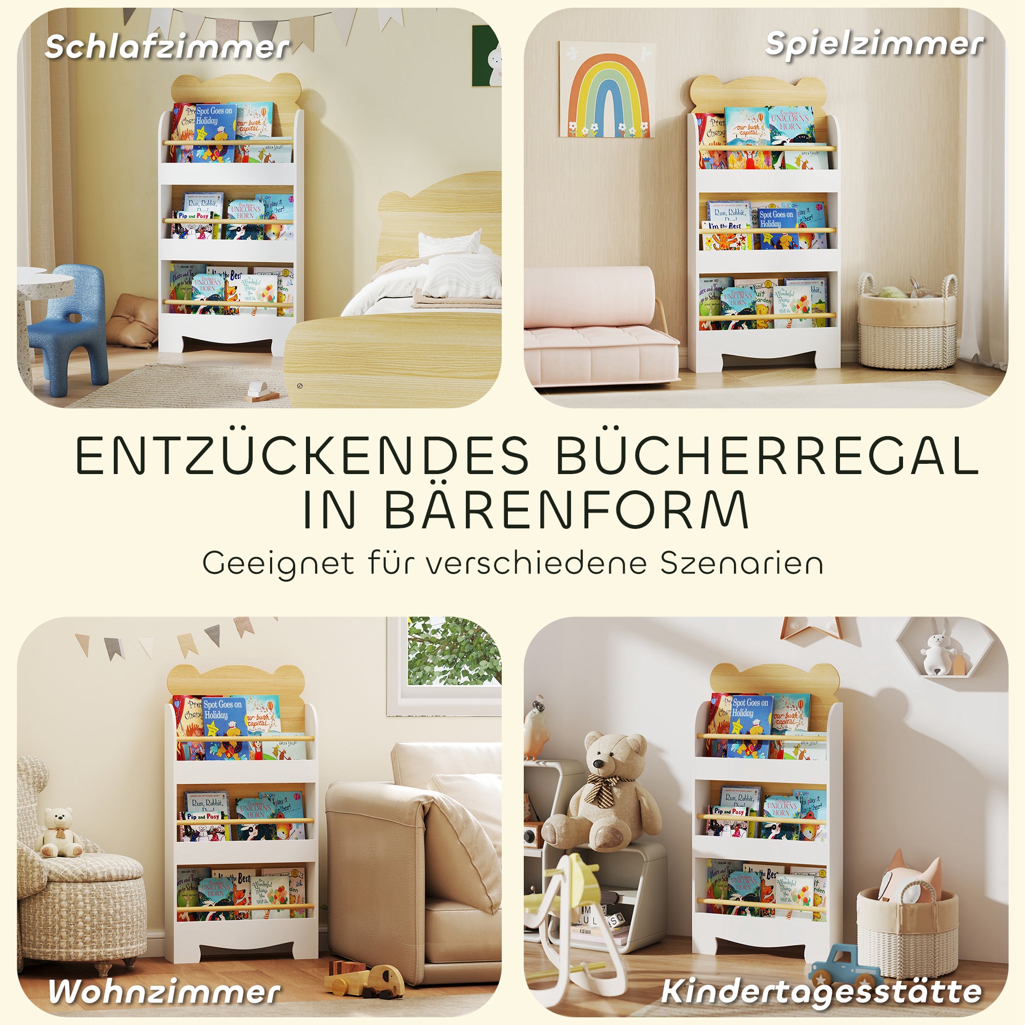 AIYAPLAY Bücherregal für Kinder Kinderregal mit 3 Ablagen Aufbewahrungsregal aus Holz 55x15x110cm Weiß