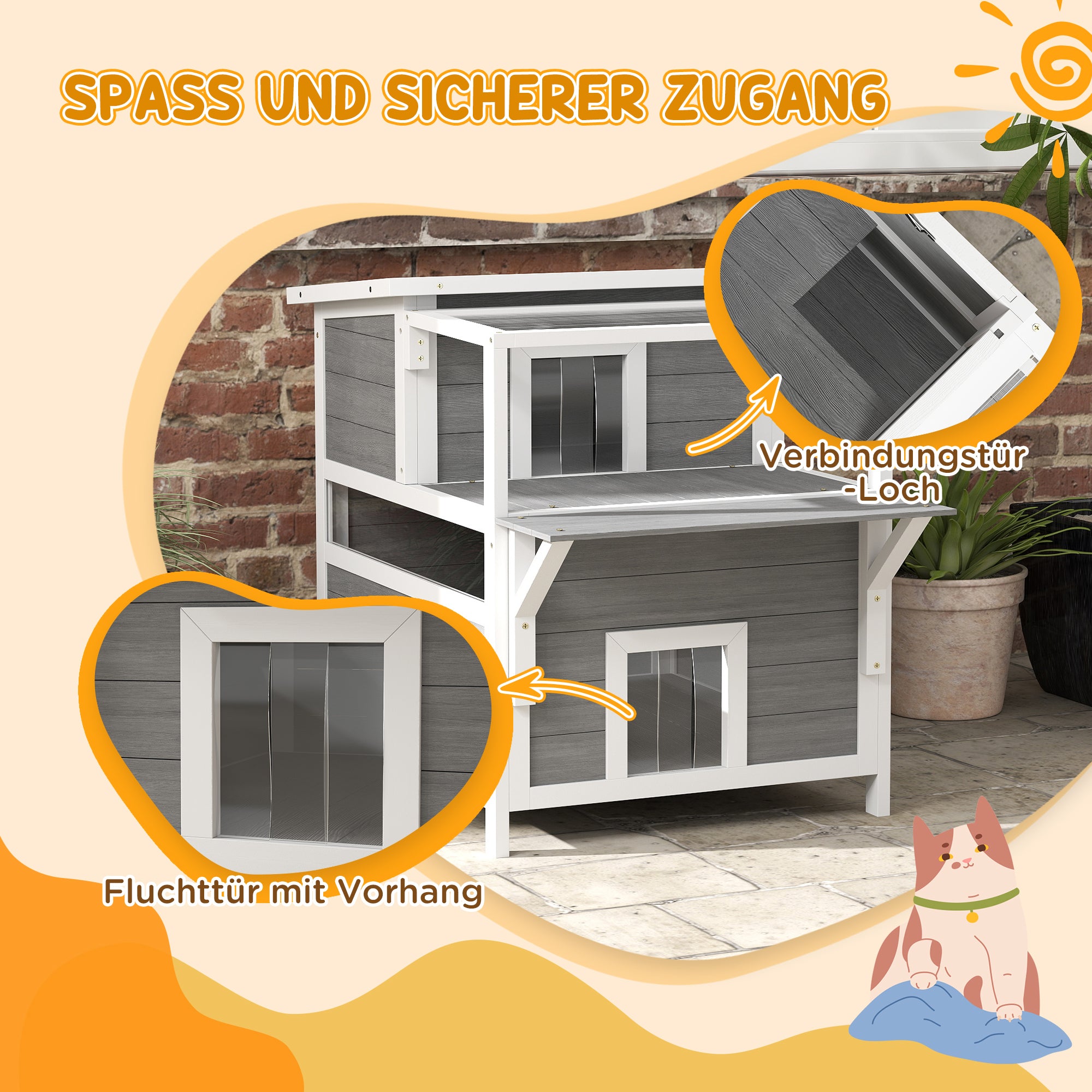 PawHut 2-stöckiges Katzenhaus mit Balkon, Wetterfeste Katzenhütte, Regen- und Sonnenschutz, für drinnen und draußen, Hellgrau