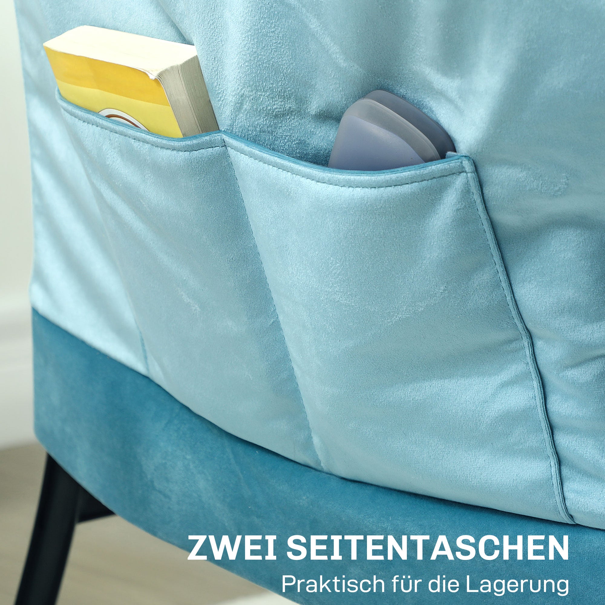 HOMCOM Moderner Akzentstuhl, Polsterstuhl mit Stahlbeinen und Seitentaschen, für Wohnzimmer, Schlafzimmer, Blau