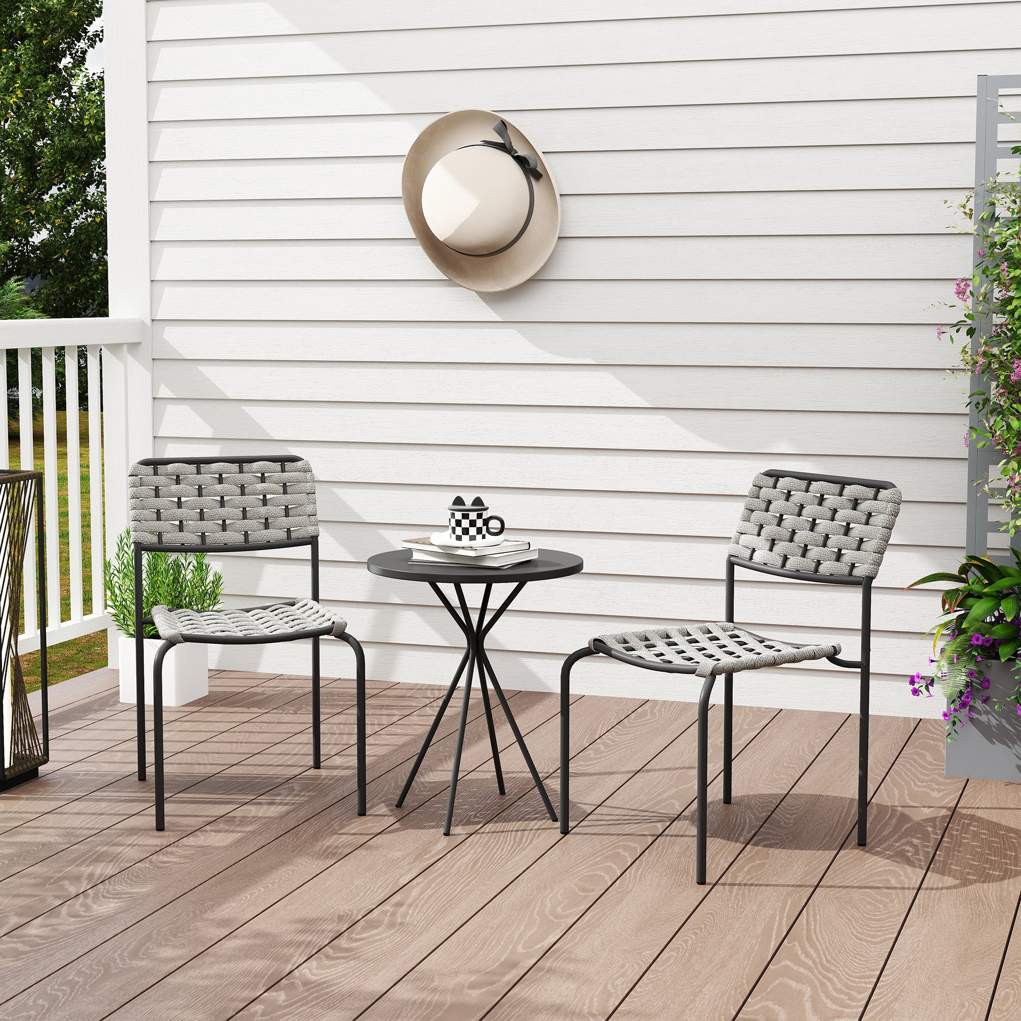 Outsunny Polyrattan Gartenmöbel Set, Outdoor Lounge Balkonmöbel für 2 Personen, 3-teilig 2 Stühle, Tisch Grau