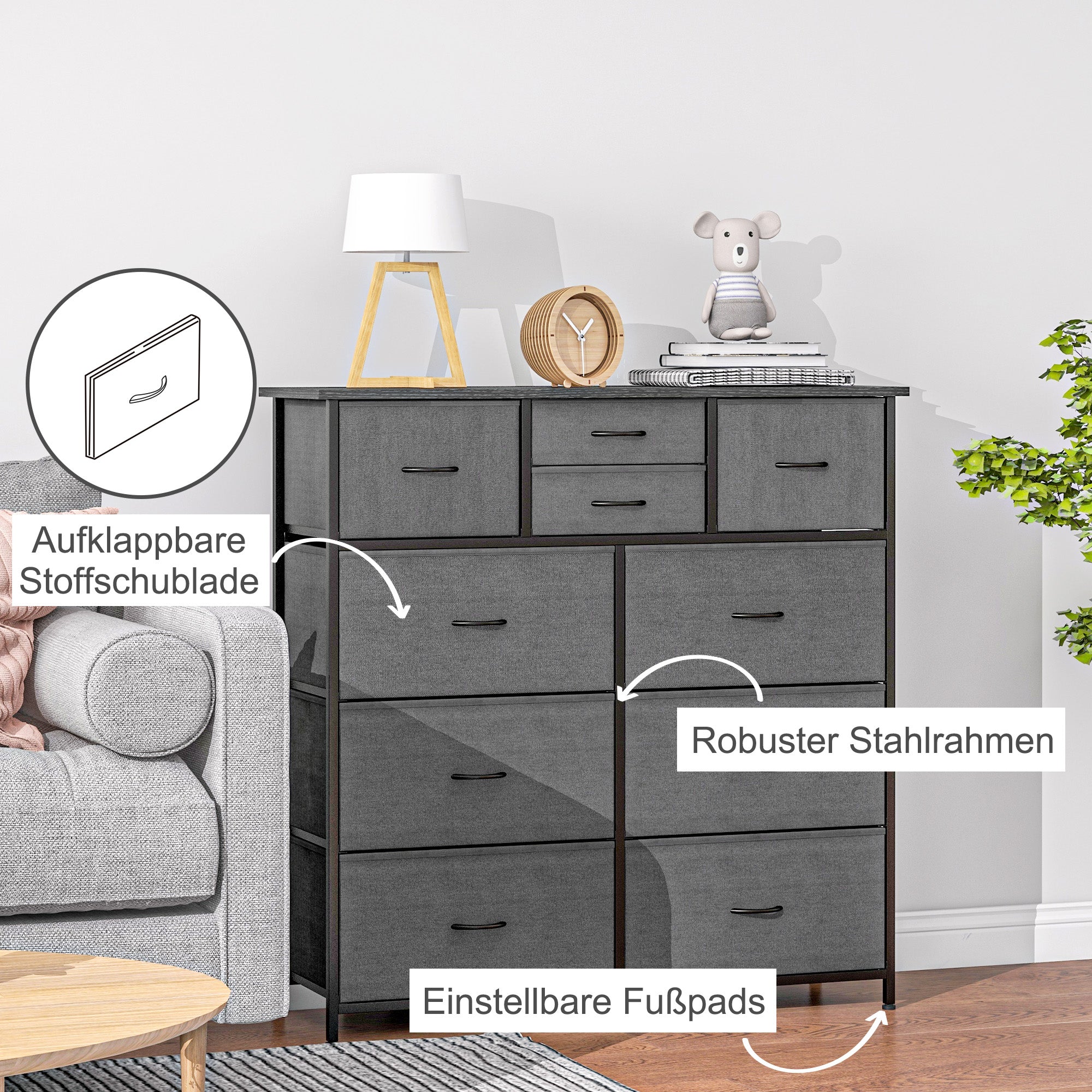 HOMCOM Kommode, Sideboard mit Stoffschubladen, 10 Fächer, Metallrahmen, 100x30x100cm, Schwarz