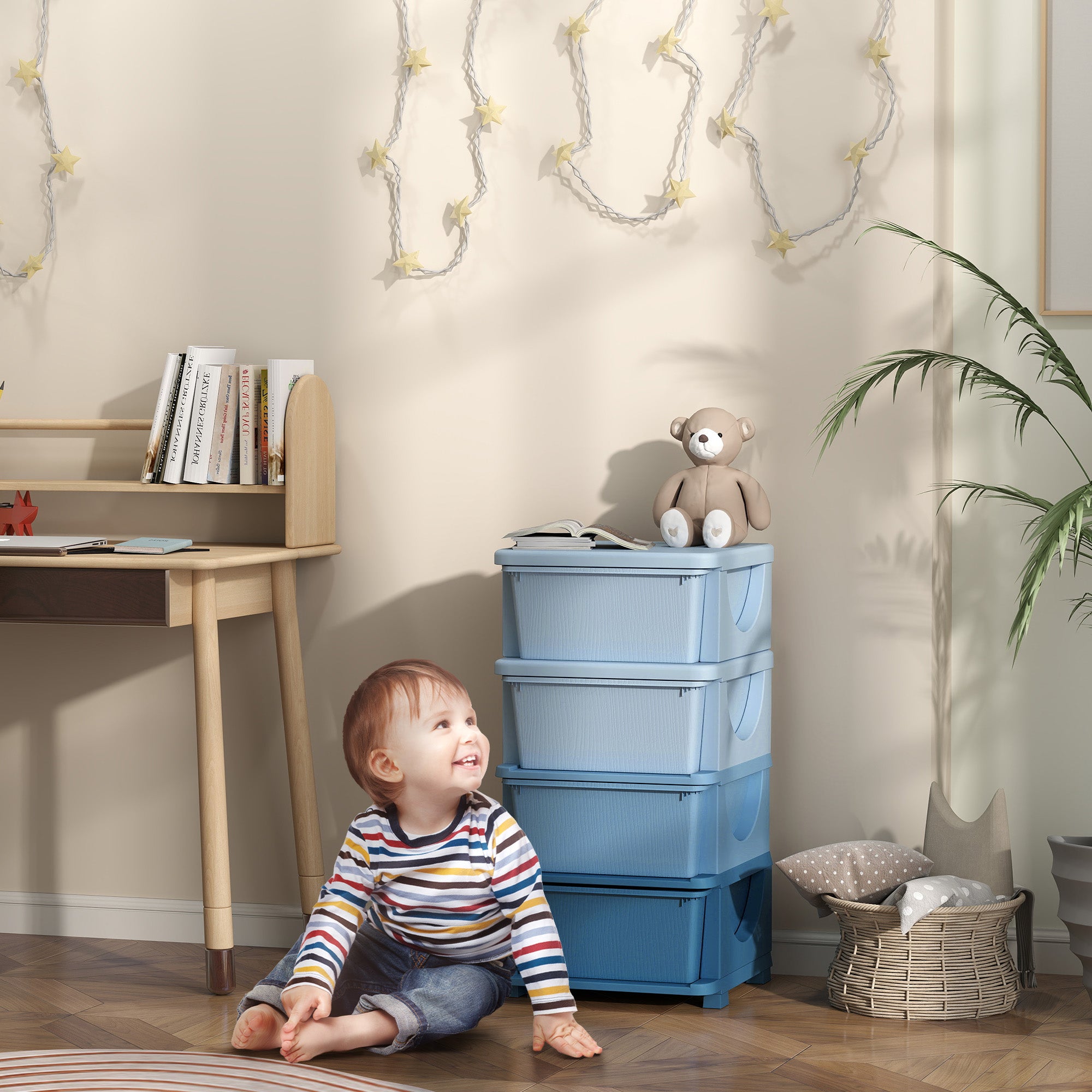 HOMCOM Aufbewahrungsboxen für Kinder, 4 Schubladen, abgerundete Kanten, erhöhtes Design, Kunststoff, Blau