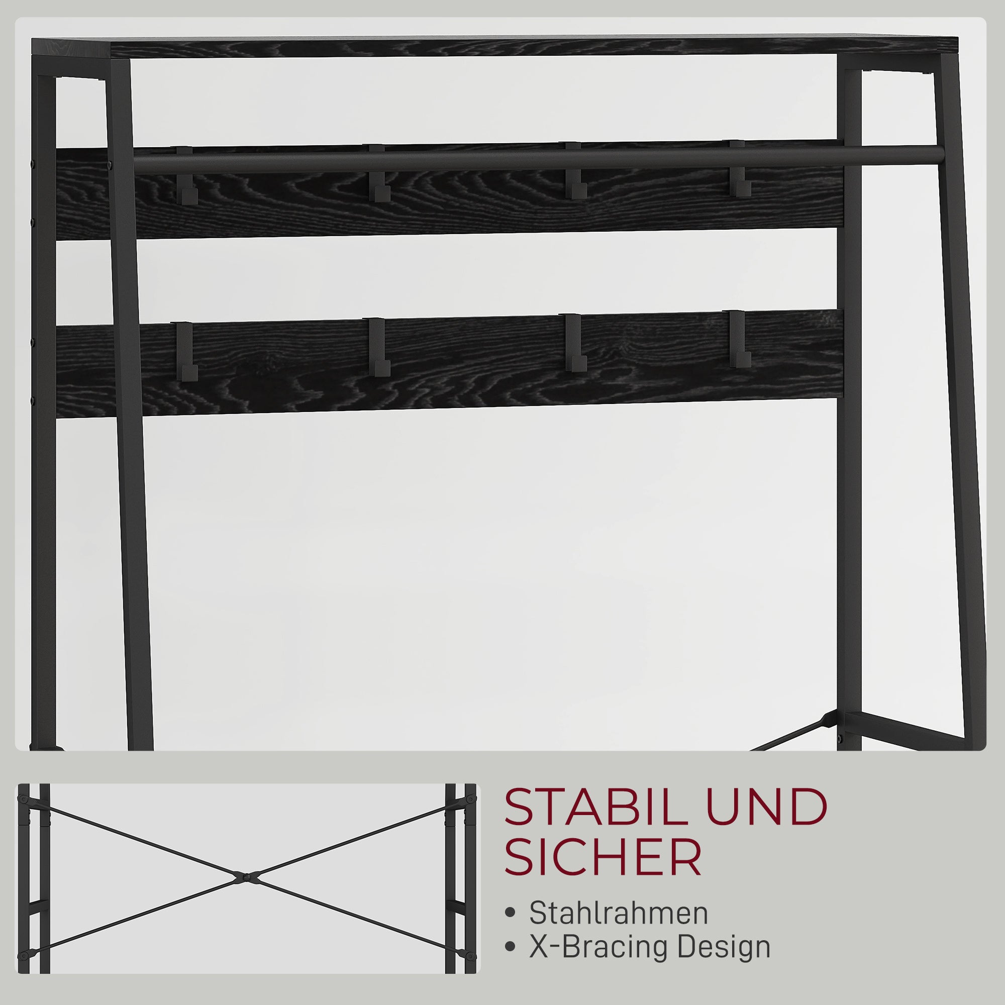 HOMCOM Garderobenständer mit Schuhregal, Kleiderständer im Industrie-Design, 2 Stoffschubladen, 8 Haken, Metallrahmen, Schwarz