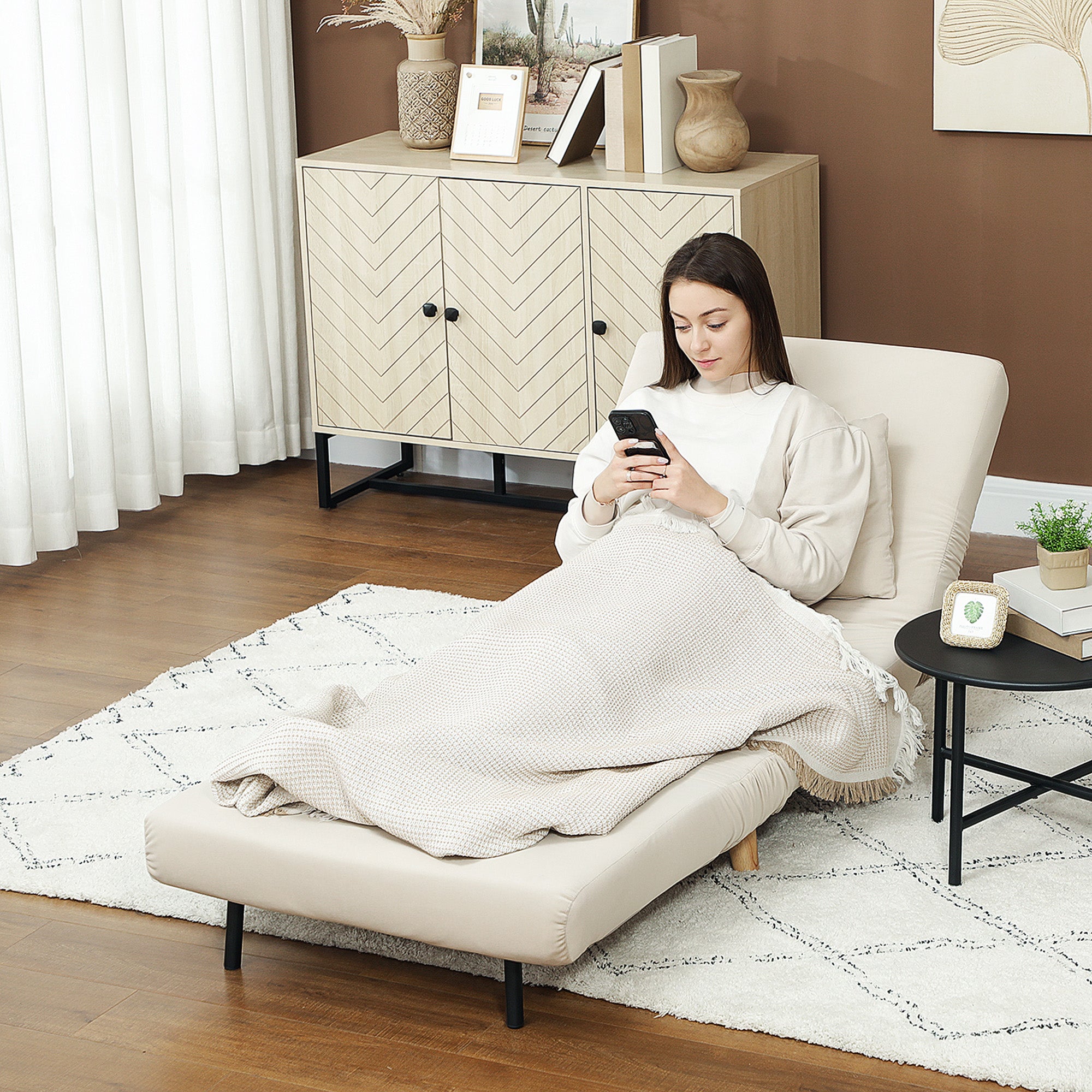 HOMCOM Klappsessel mit Bettfunktion, Klappbarer Relaxsessel in Samtoptik, Verstellbare Lehne, bis 120 kg belastbar, Beige