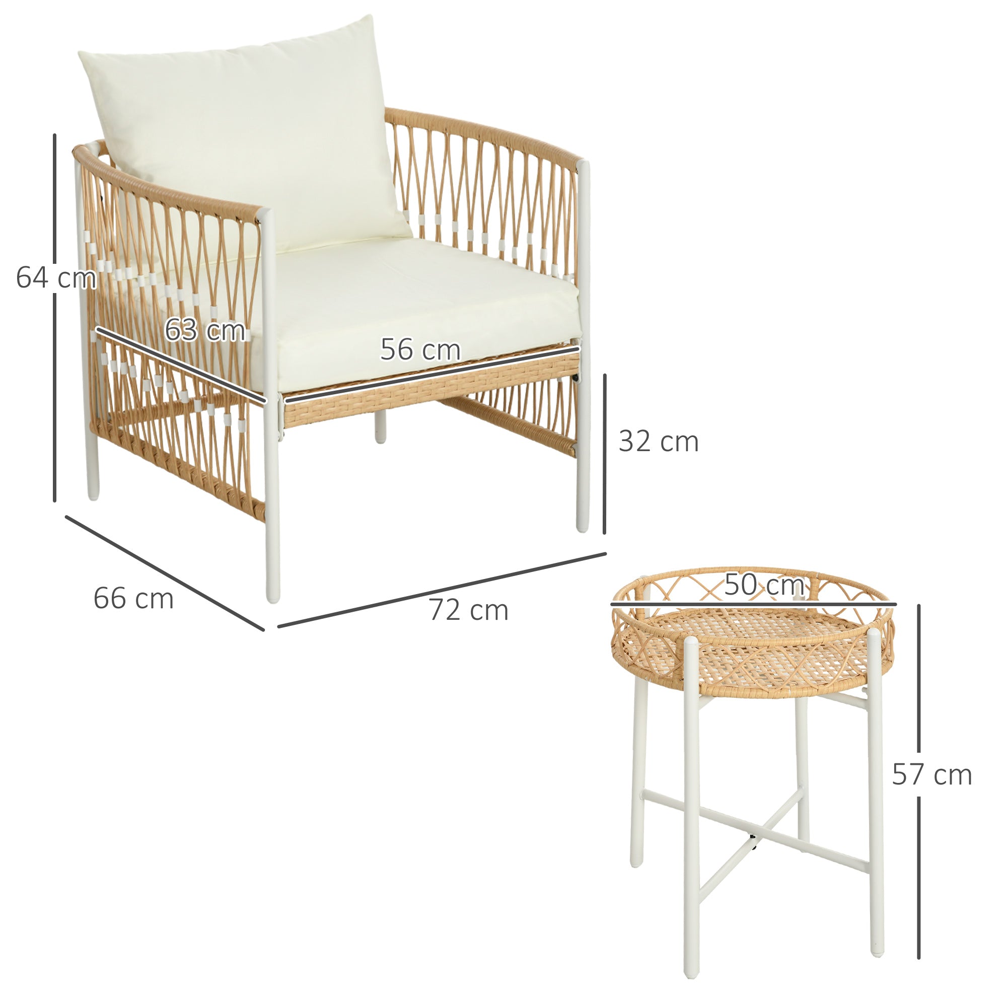 Outsunny 3-teiliges Bistro-Set Gartenmöbel-Set Gartensitzgruppe, PE-Rattan, 72 cm x 66 cm x 64 cm, Gelb+Creme