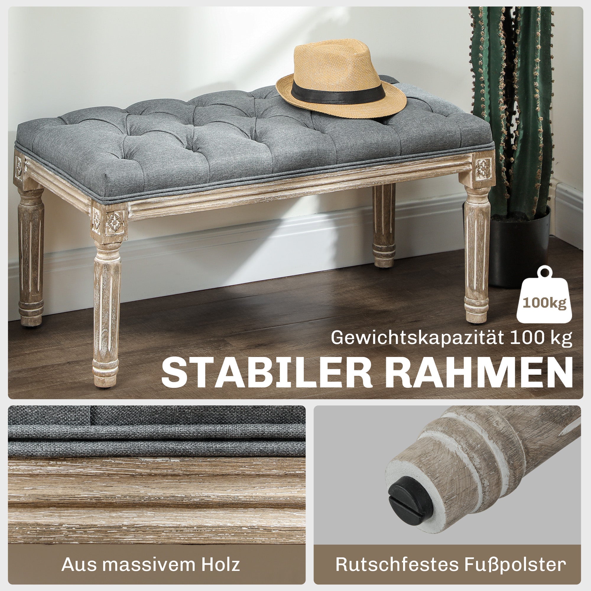 HOMCOM Polsterbank, Sitzbank, Bettbank mit Leinenoptik, Schminkbank für Flur, Diele, Schlafzimmer, Gummiholz, Grau, 81 x 41 x 41 cm