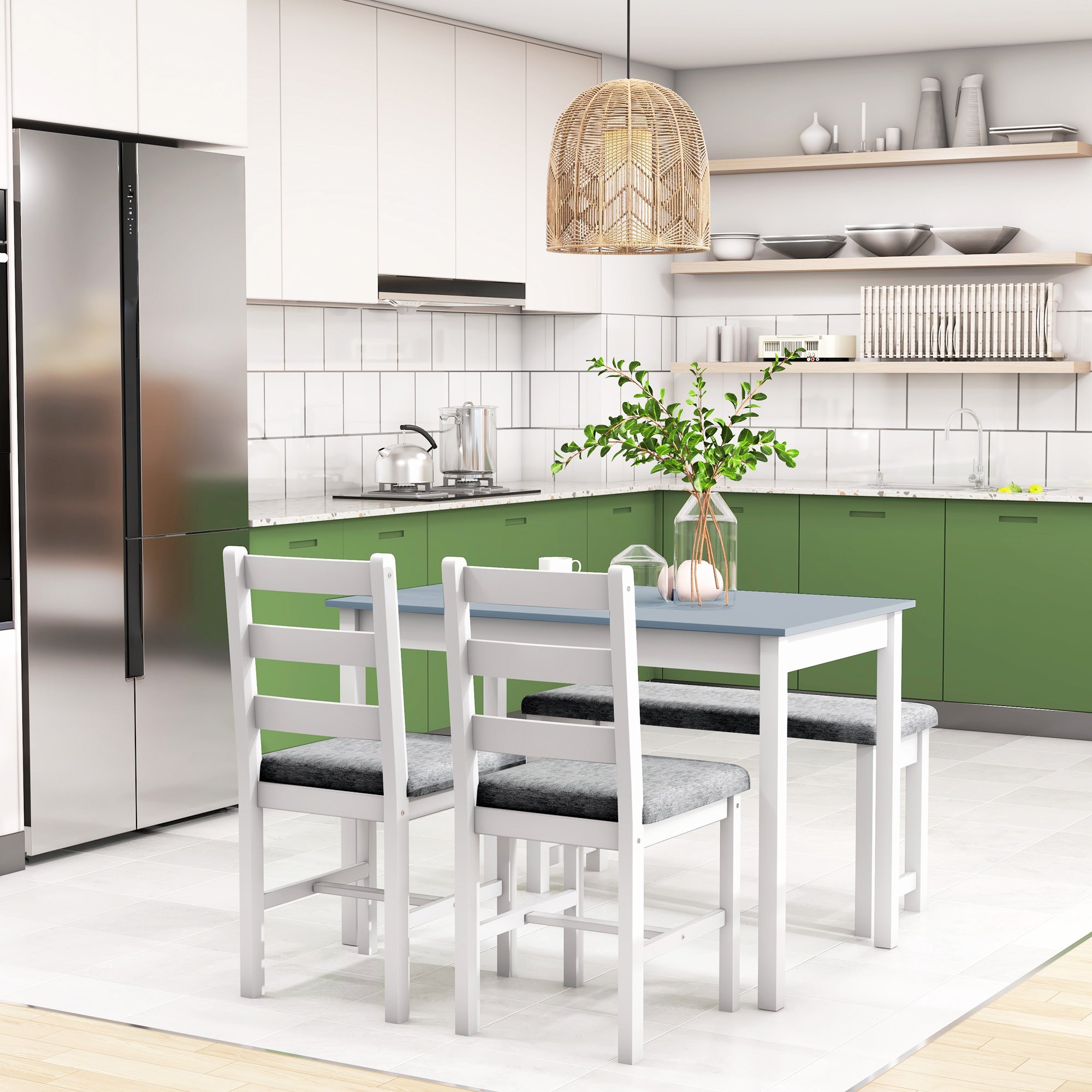 HOMCOM Sitzgruppe, 4-teiliges Esstisch-Set, 1 Tisch, 1 Bank, 2 Stühle, Grau + Weiß