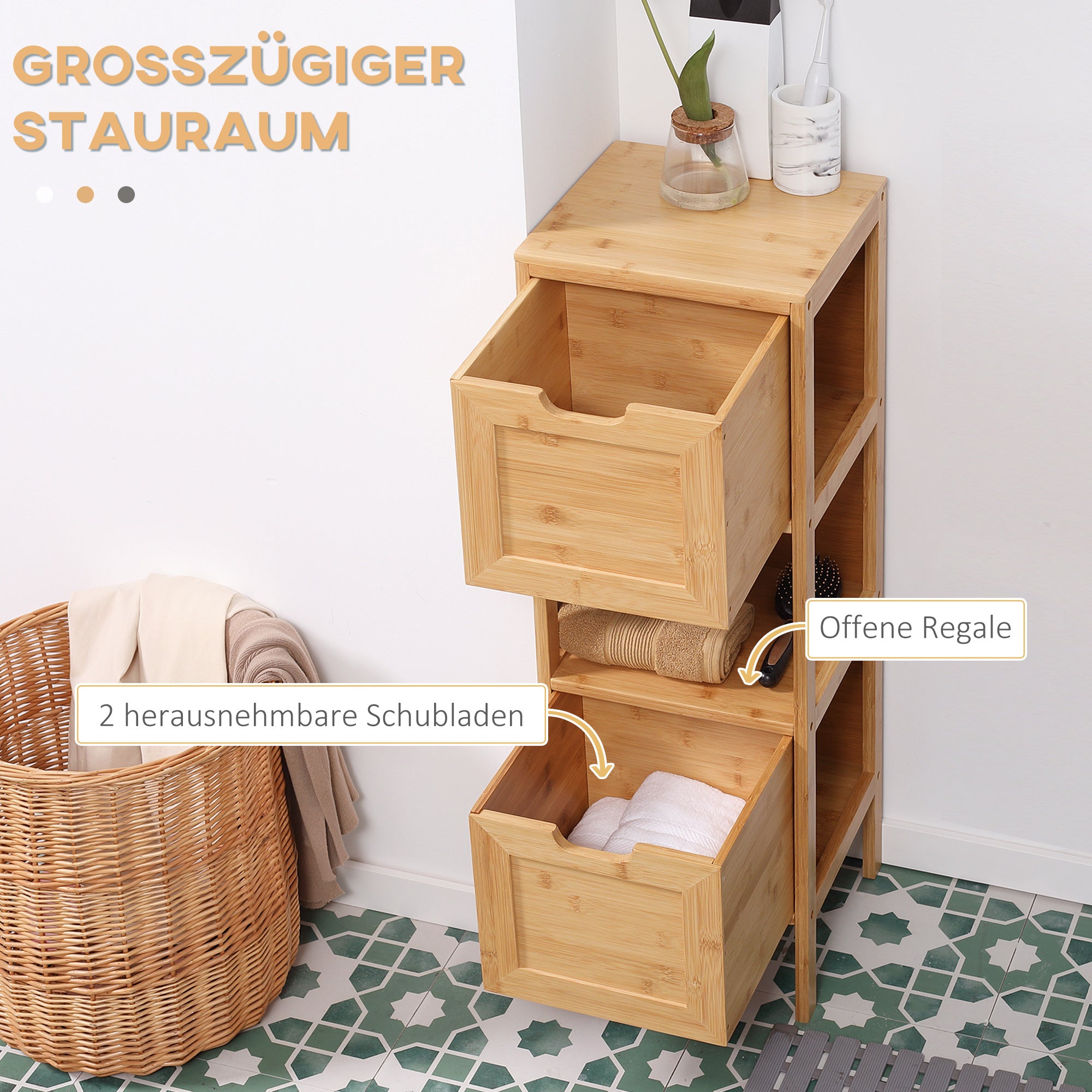 kleankin Badezimmerschrank aus Bambus, 1 Regal, 2 Schubladen, 30 cm x 30 cm x 90 cm; Natur