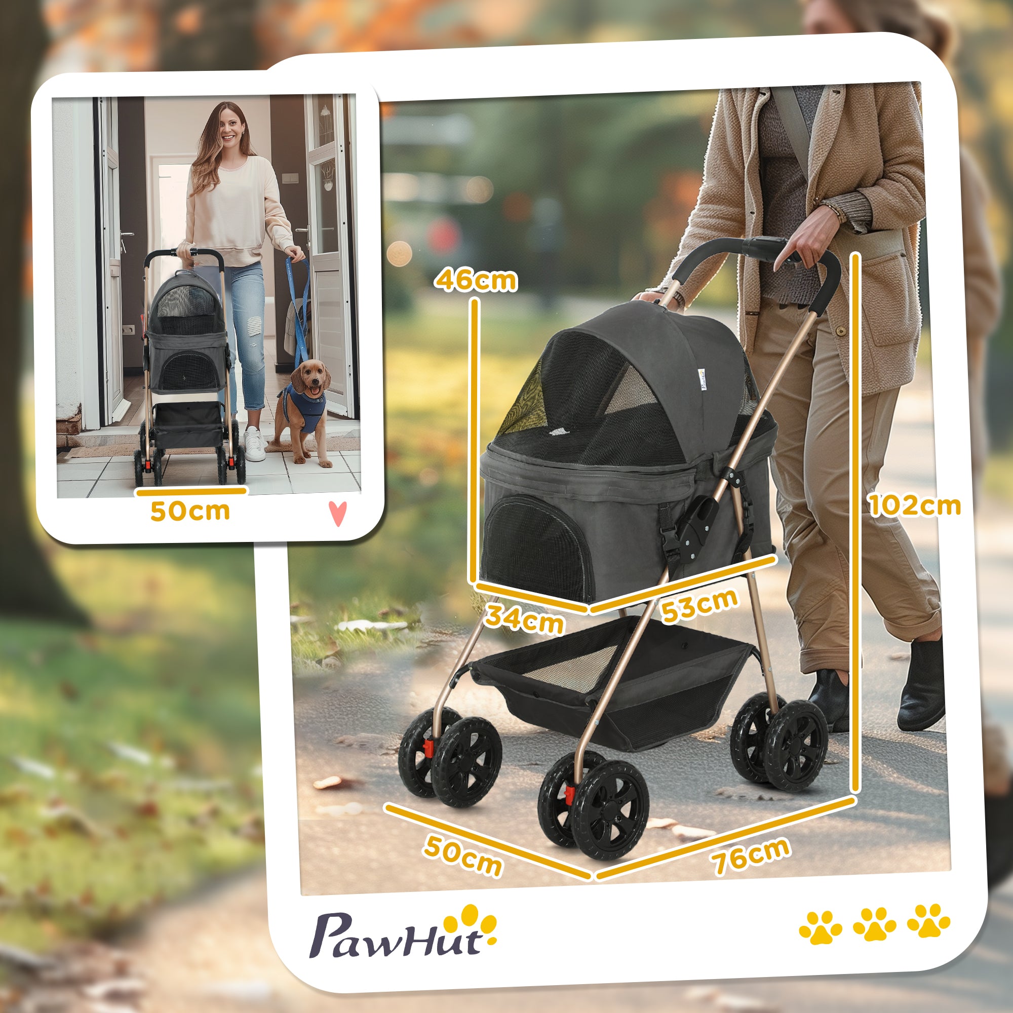 PawHut 3-in-1-Haustierkinderwagen, zusammenklappbarer Hundewagen mit 4 Rädern und abnehmbarer Trage für Hunde und Katzen, Grau