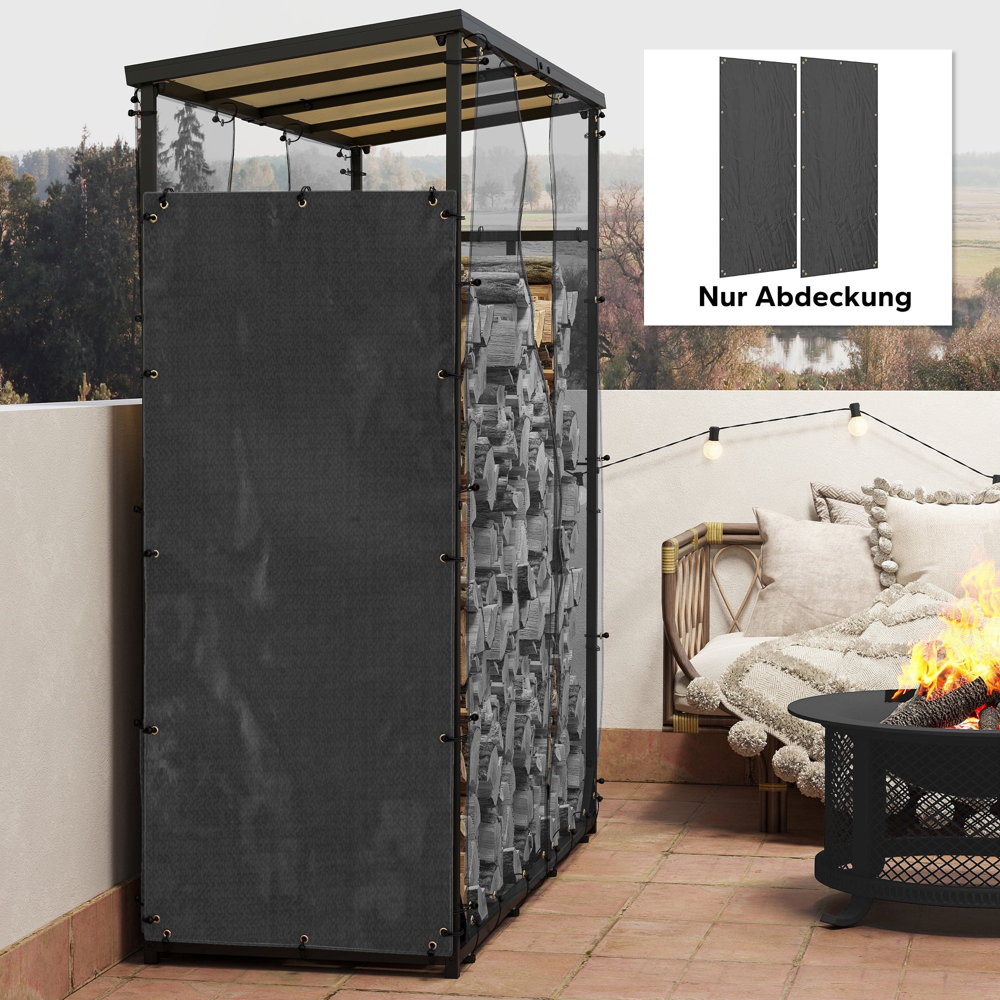 Outsunny Abdeckung für Brennholzregal, 2er-Set, wetterfest & staubdicht, 148 x 62 cm, Schwarz