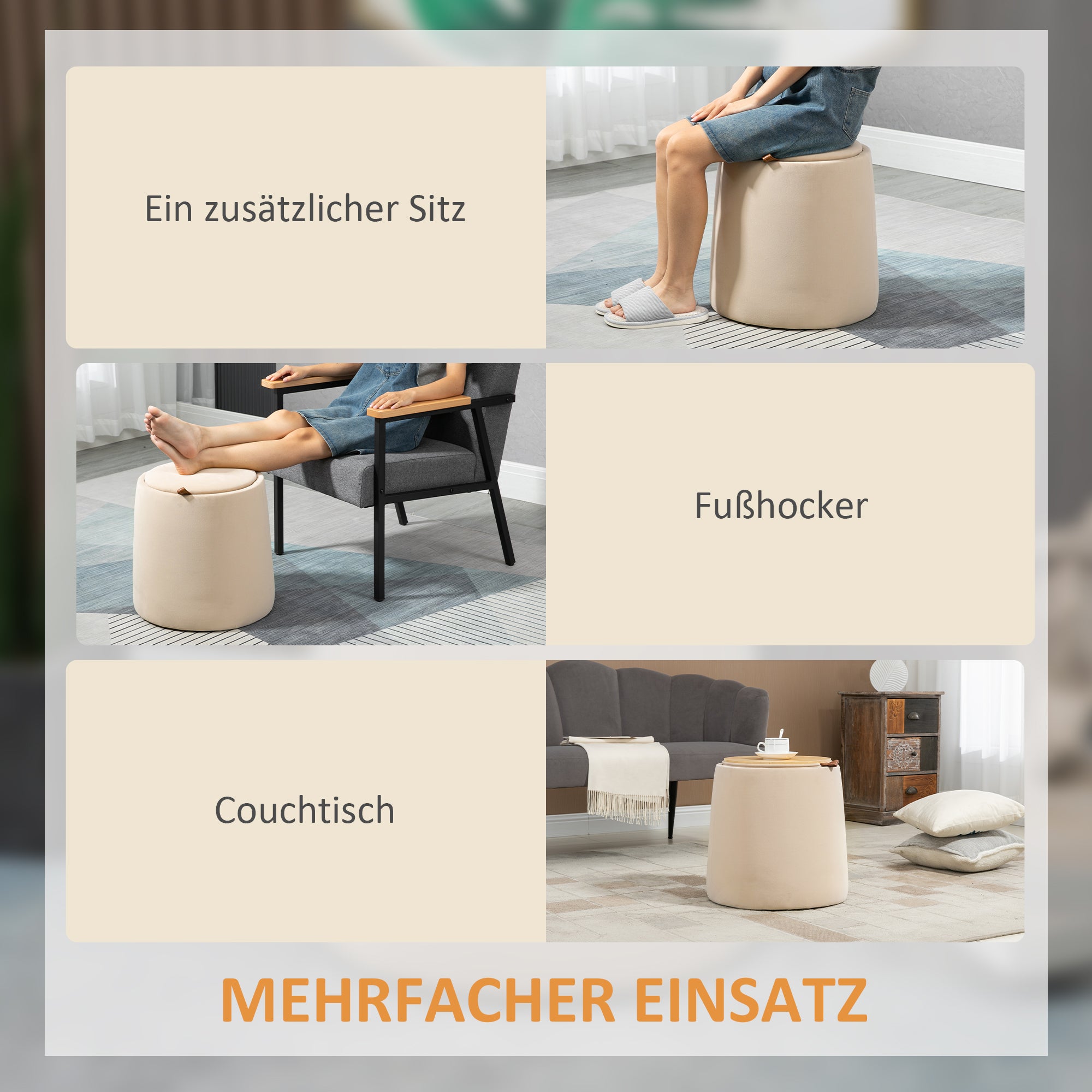HOMCOM 2-in-1 Hocker in Samtoptik inklusive Stauraum und abnehmbaren Deckel Φ44 cm x 47,5 cm Beige