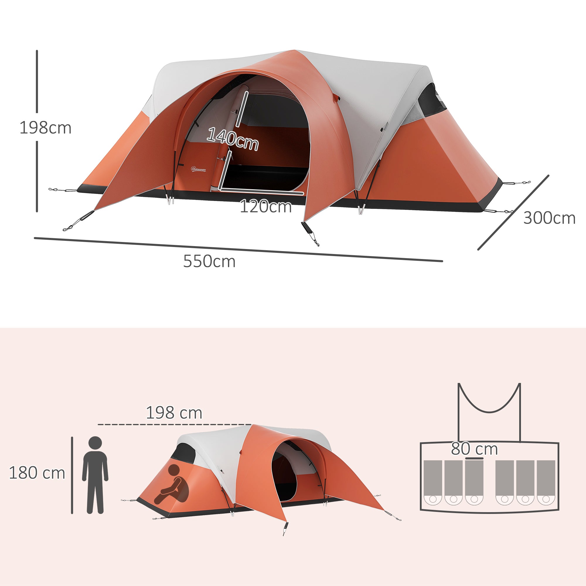 Outsunny Campingzelt für 5-6 Pers., Familienzelt, wasserdicht, mit Vorzelt, 550L x 300B x 198Hcm, Orange
