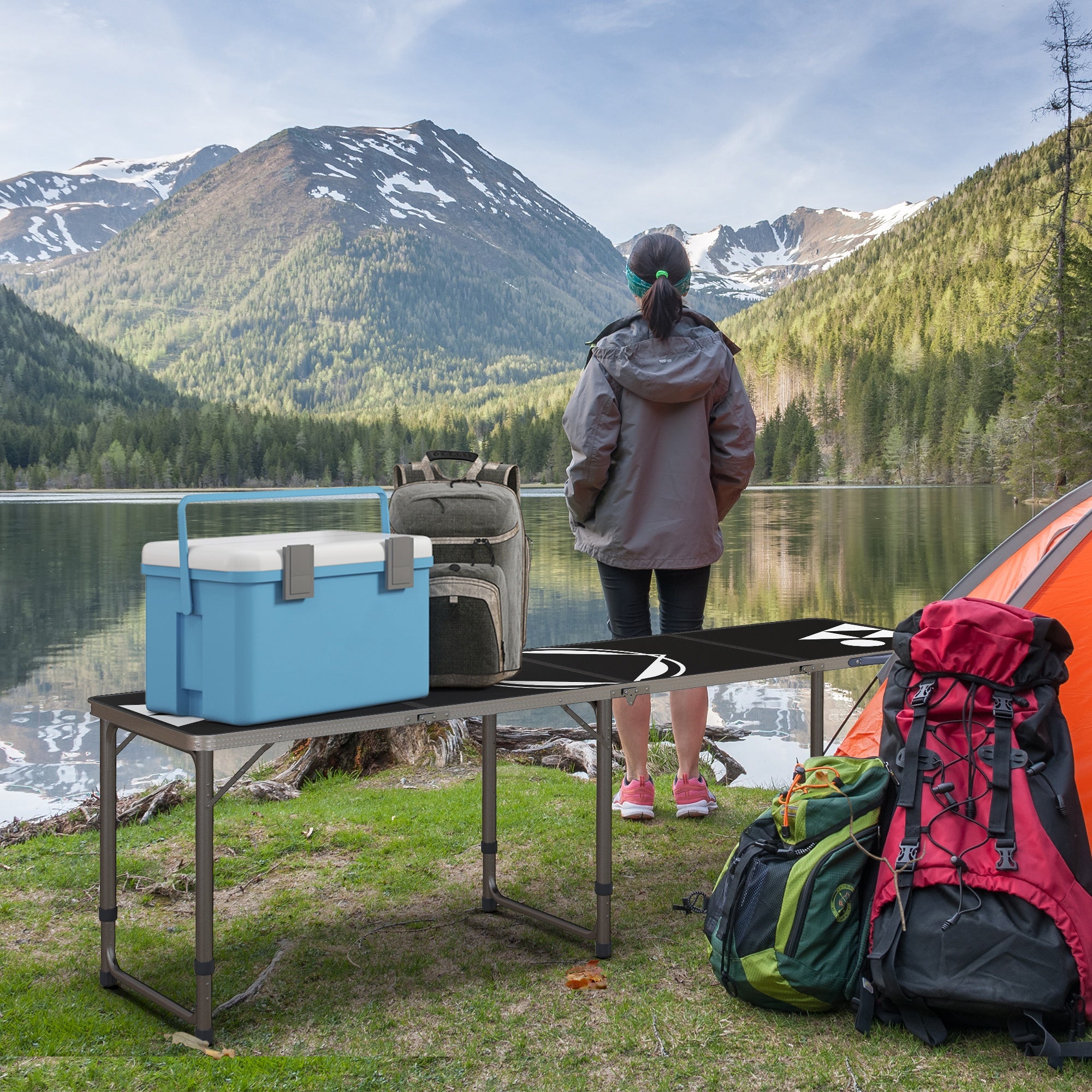 Outsunny Campingtisch, klappbar, leicht, höhenverstellbar, Aluminiumrahmen, 240 x 60 x 54/62/70 cm, Schwarz