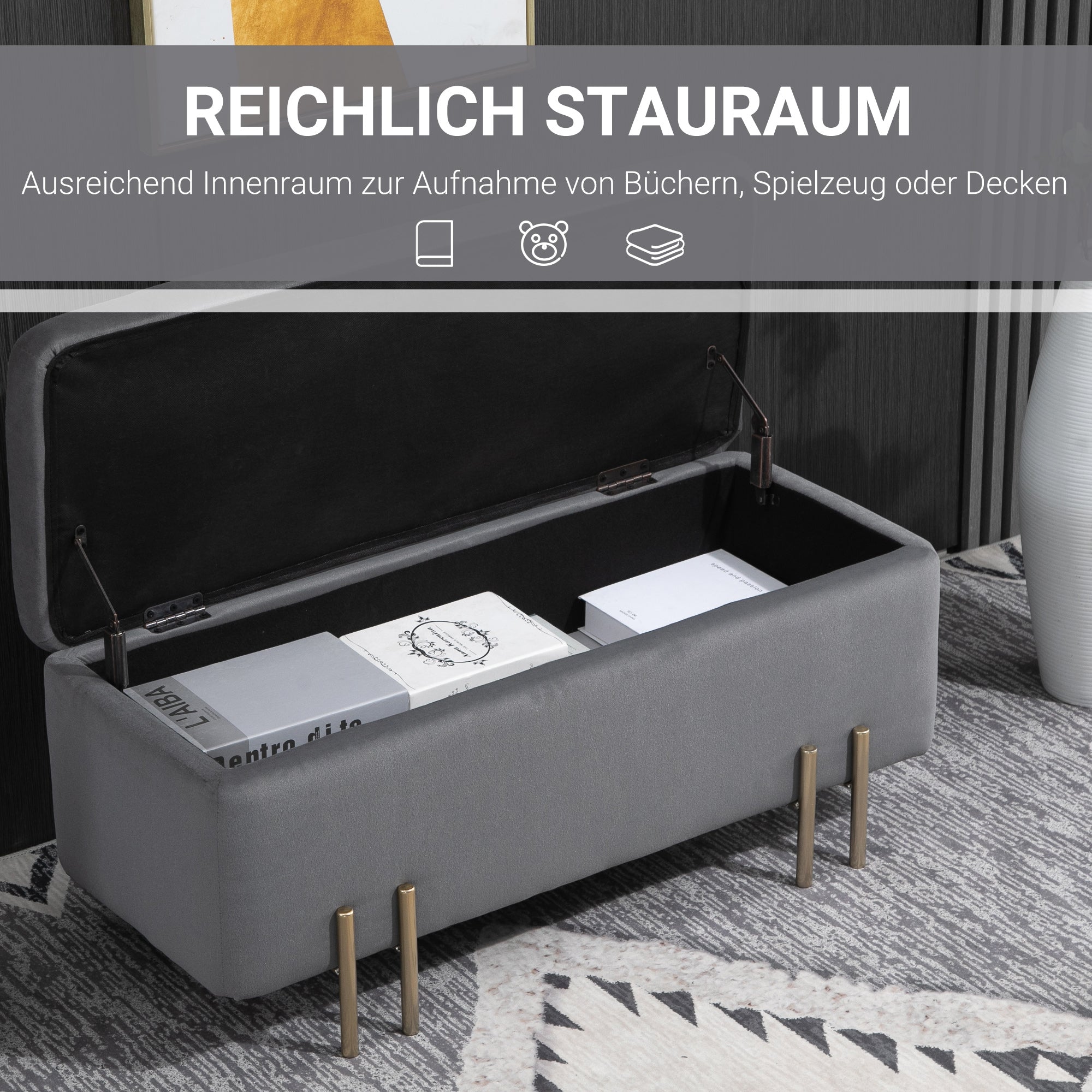 HOMCOM Sitzbank mit Stauraum Polsterbank mit Samtoptik, Sitztruhe mit Metallbeine, Truhenbank für Wohnzimmer Schlafzimmer Flur 100 x 40 x 42 cm, Dunkelgrau