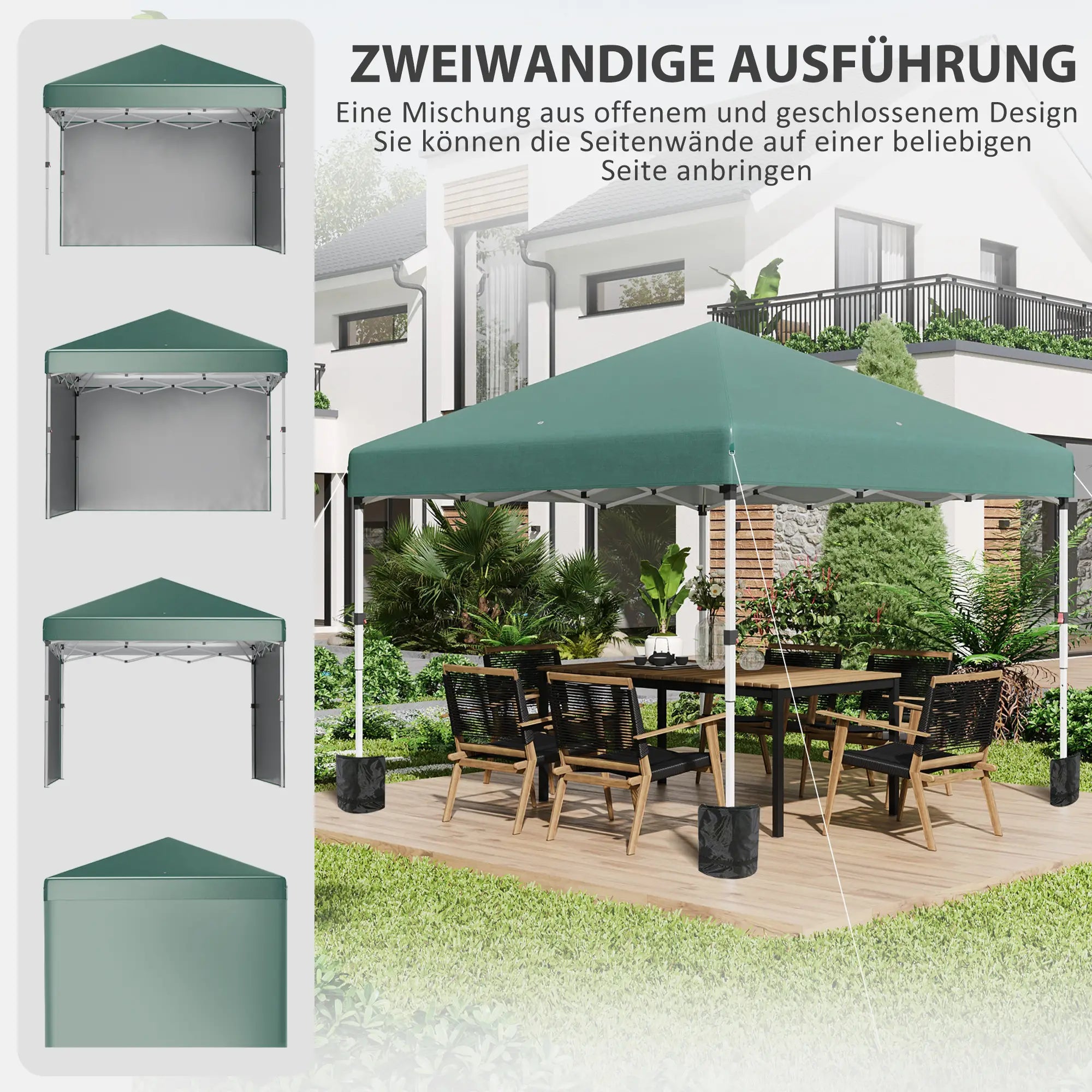 Faltpavillon 3x3?m mit 2 Seitenwänden, UV-Schutz, Grün