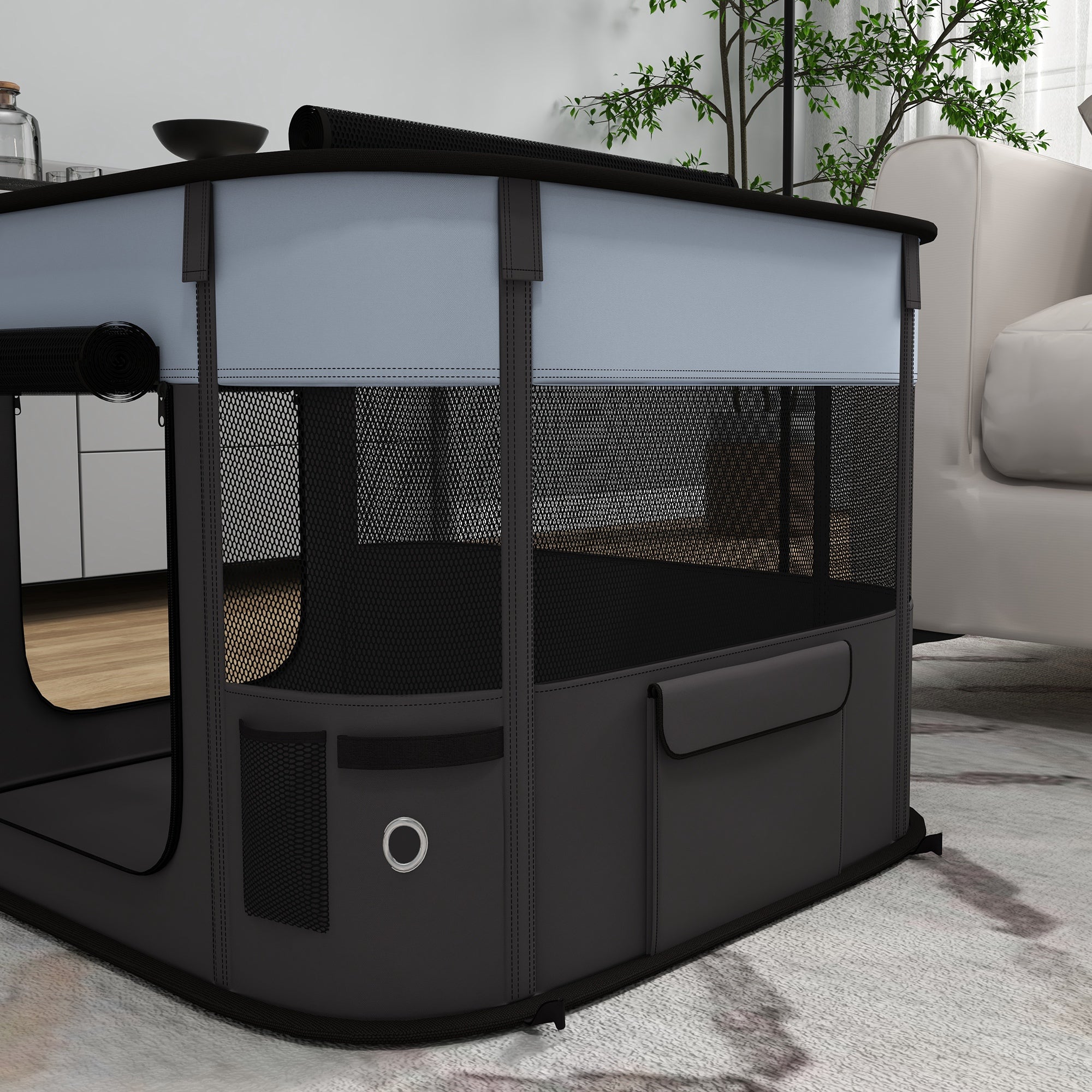 PawHut Spielgehege für Haustiere, faltbar, mit Aufbewahrungstasche, für Welpen und Kätzchen, drinnen und draußen, Grau