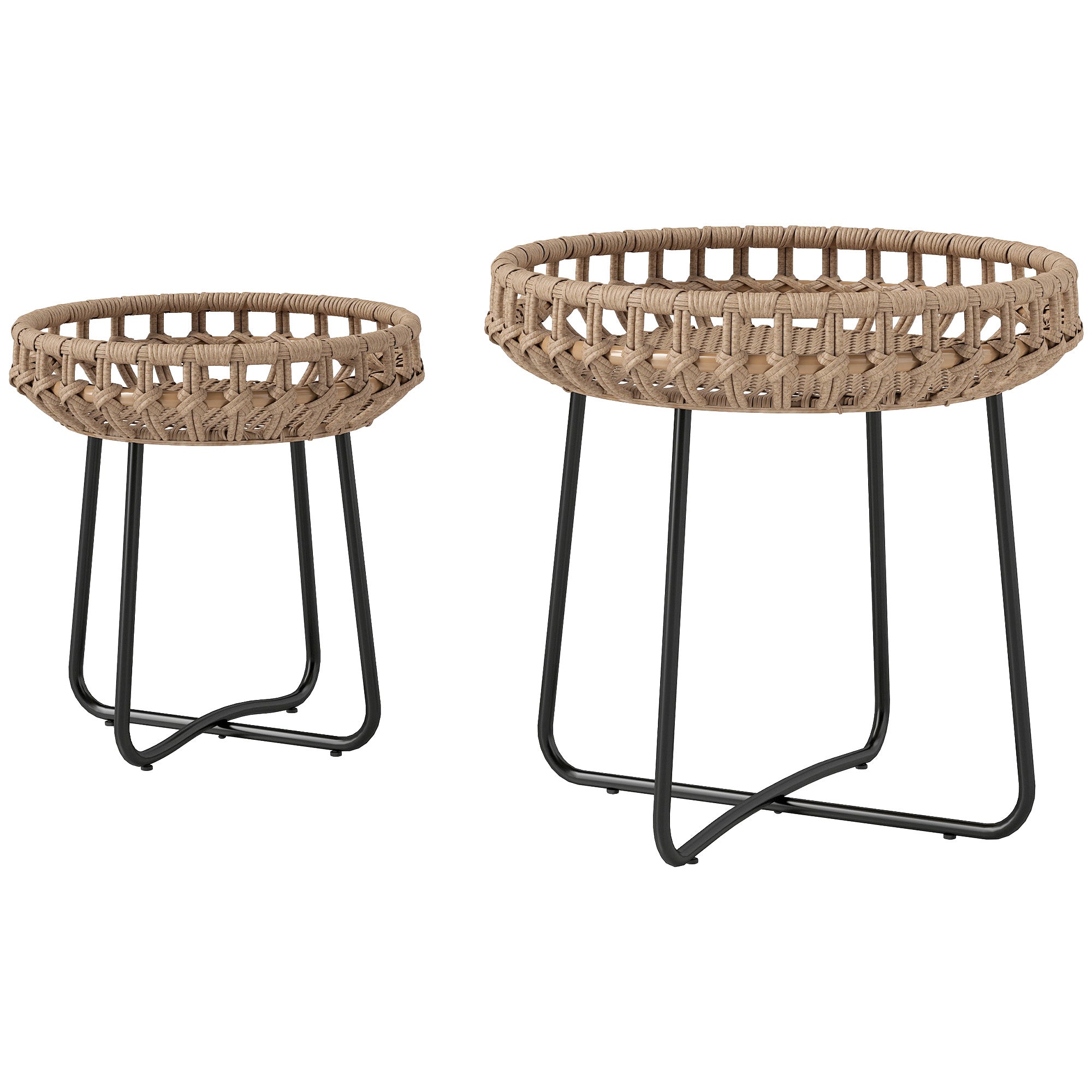 Outsunny 2er Set Beistelltisch Polyrattan Ø60/41 cm rund wetterfest Gartentisch mit X-Beine Verstellbare Fußpads Braun